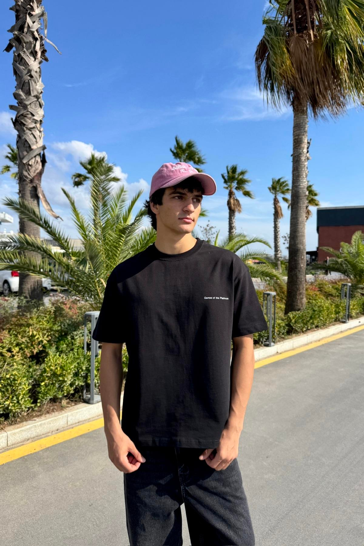 Games Baskılı Siyah Oversize Tshirt