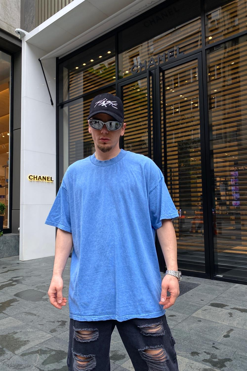 Graffiti Baskılı Mavi Oversize Tshirt T676