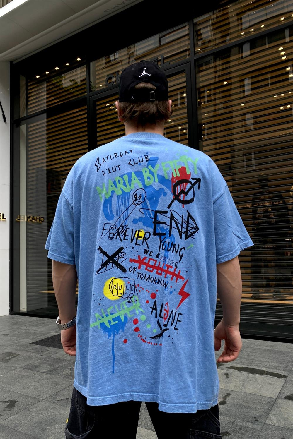 Graffiti Baskılı Mavi Oversize Tshirt T676