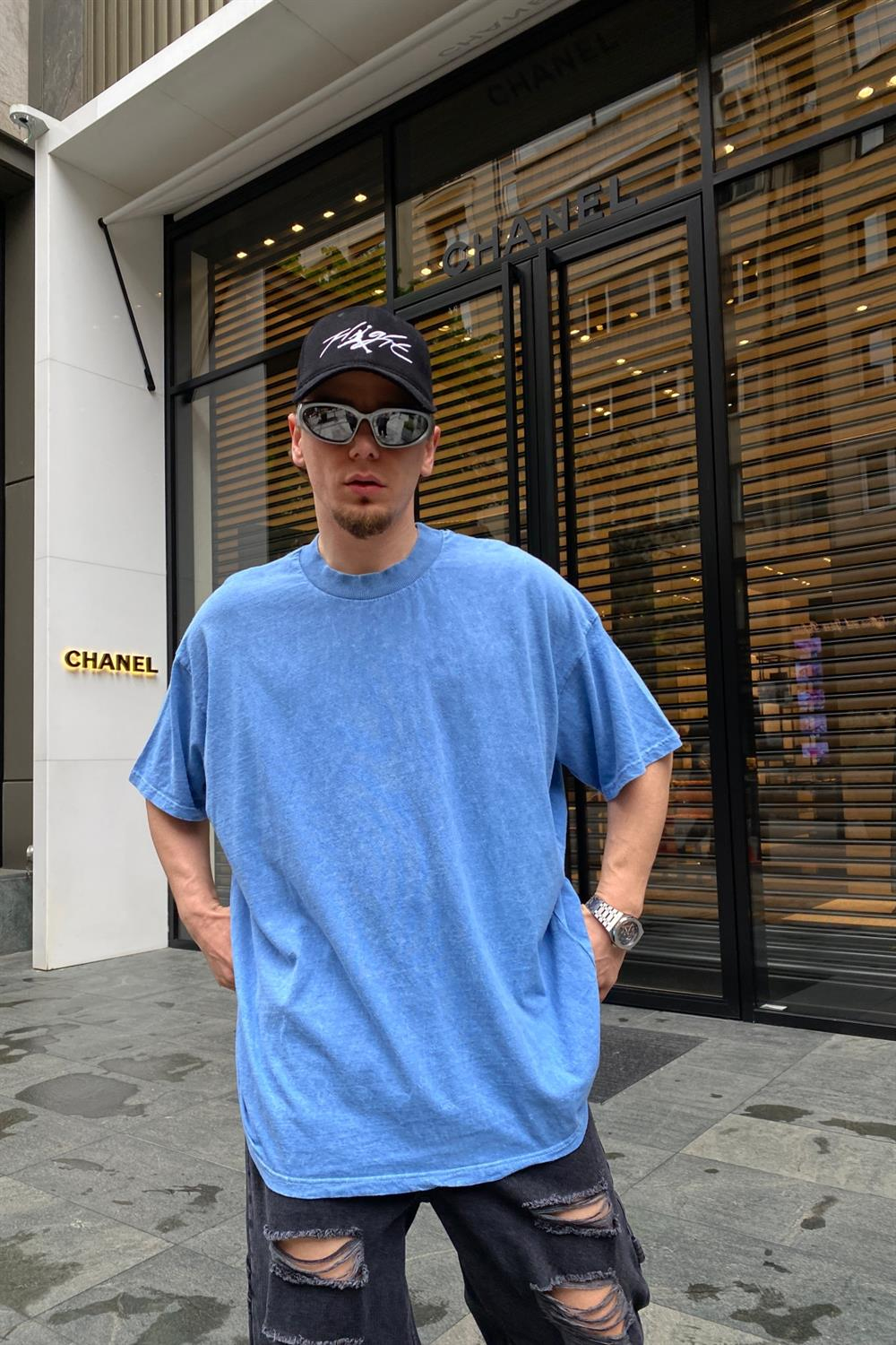 Graffiti Baskılı Mavi Oversize Tshirt T676