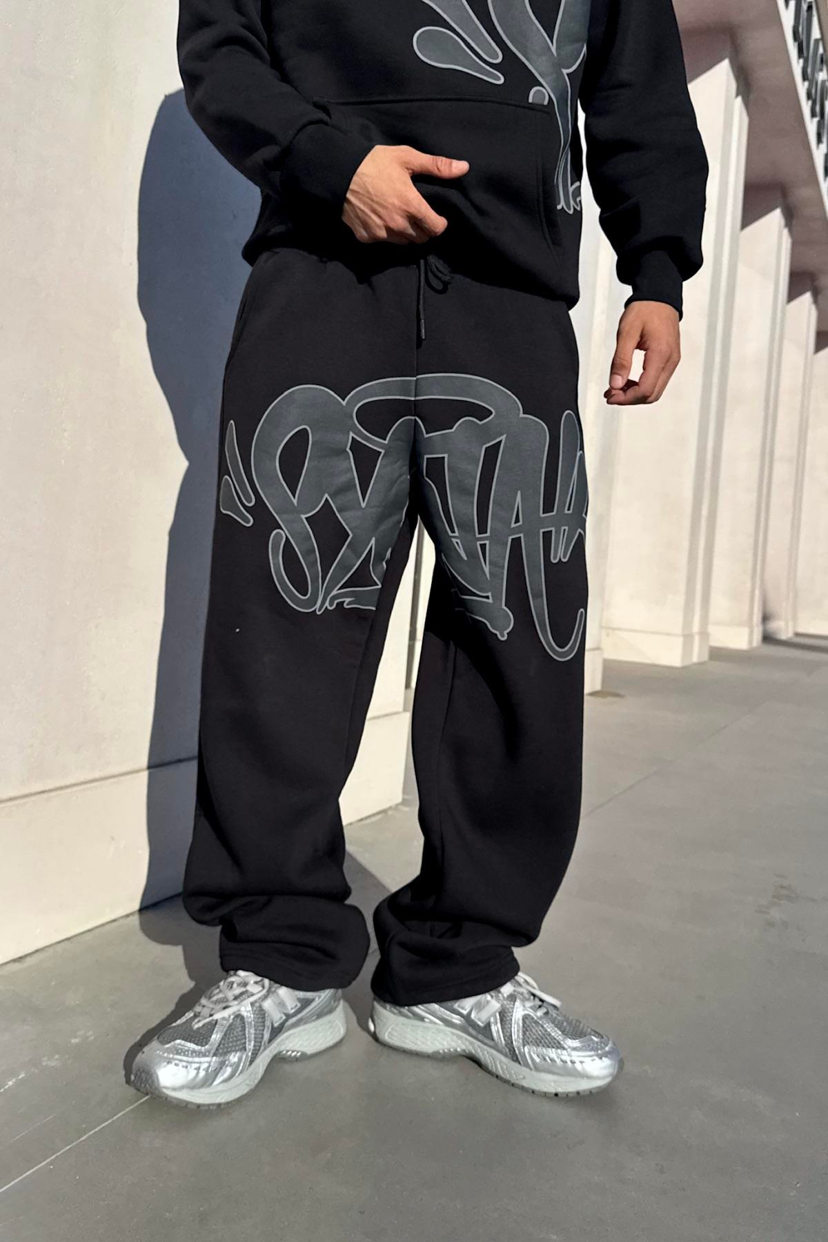 Graffiti Baskılı Siyah Baggy Eşofman Altı