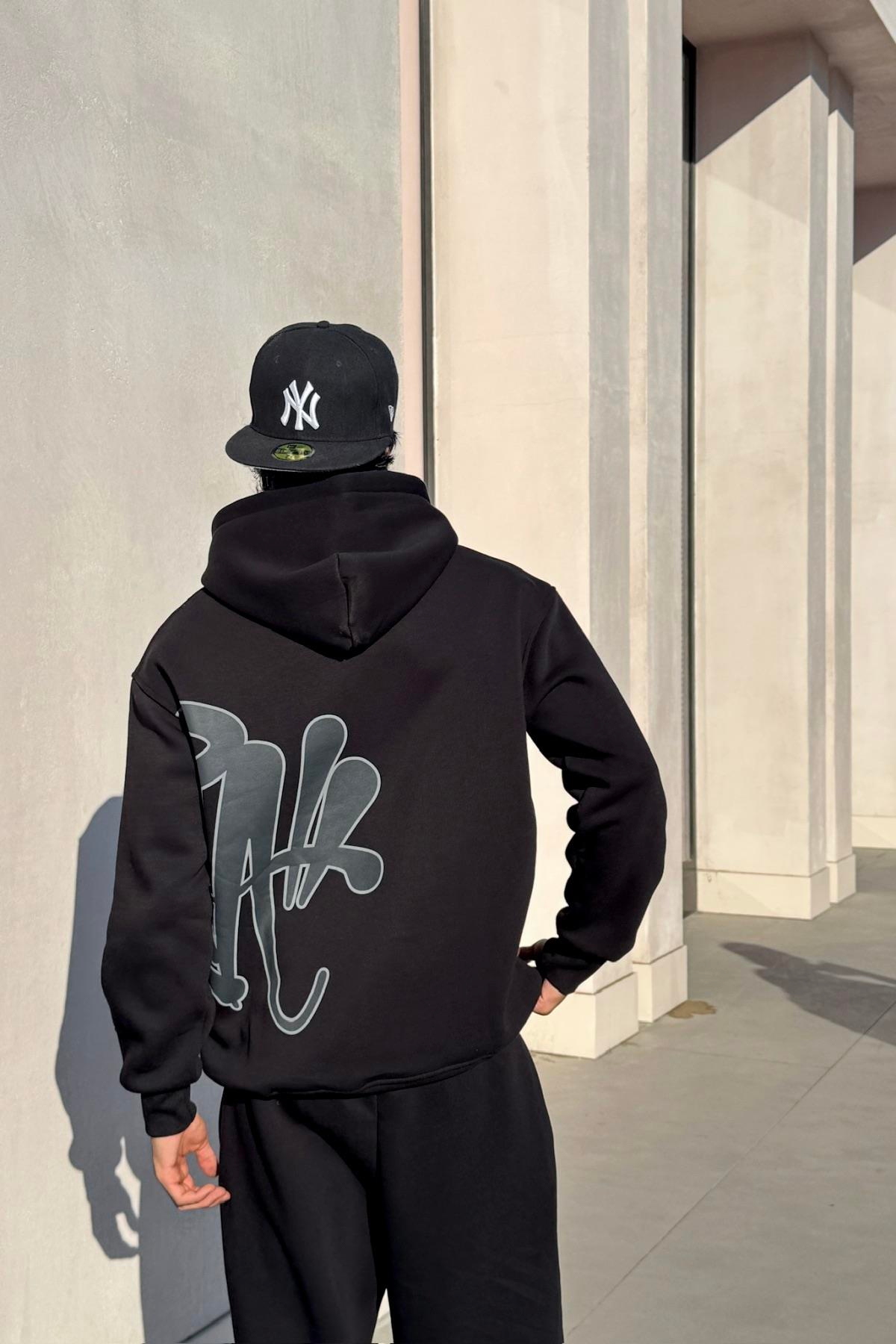 Graffiti Baskılı Siyah Oversize Hoodie