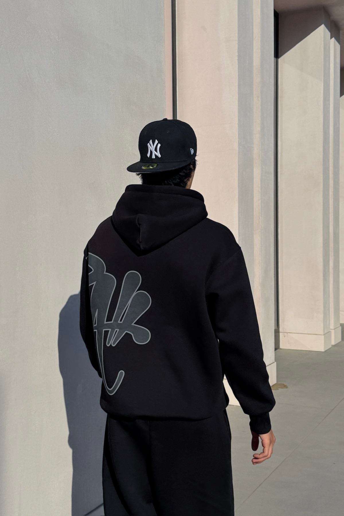 Graffiti Baskılı Siyah Oversize Hoodie