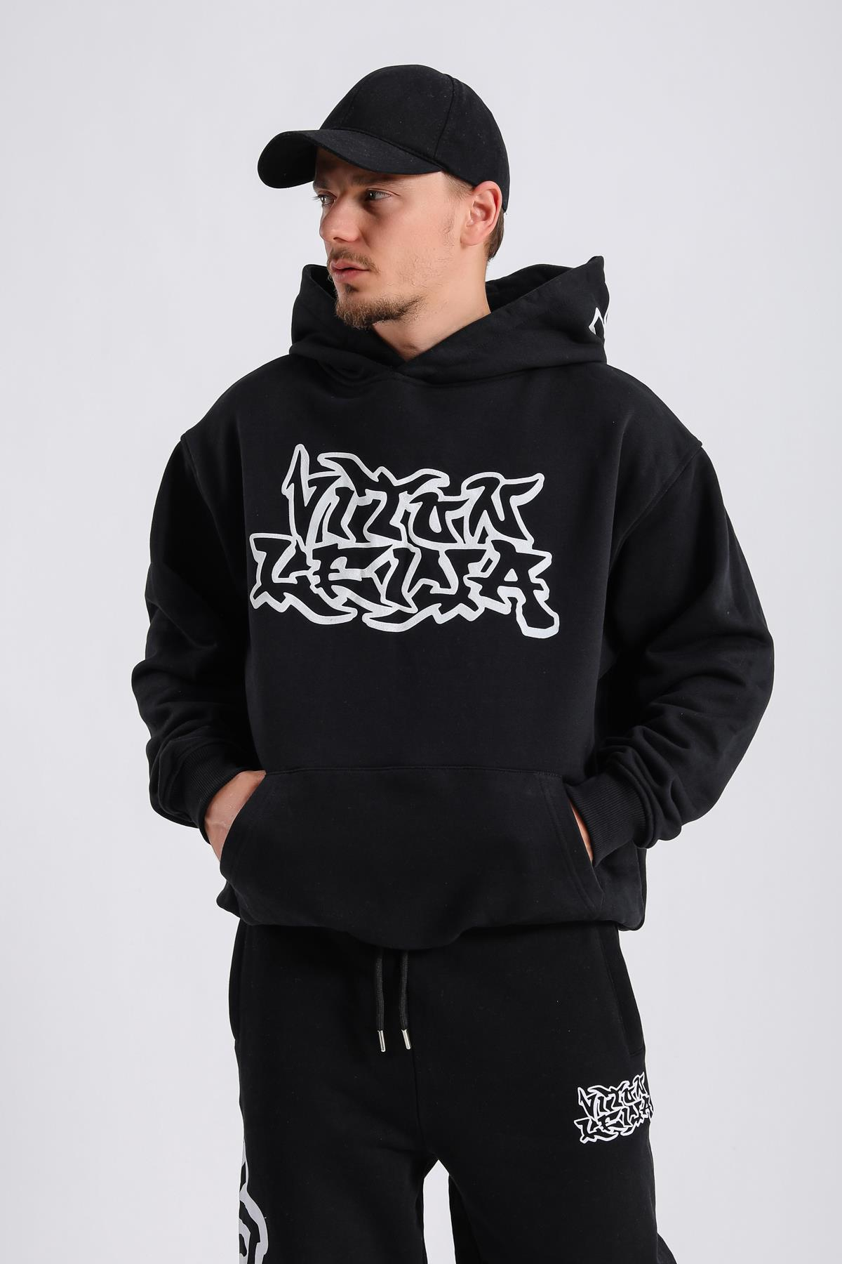Graffiti Baskılı Siyah Oversize Takım TKM146