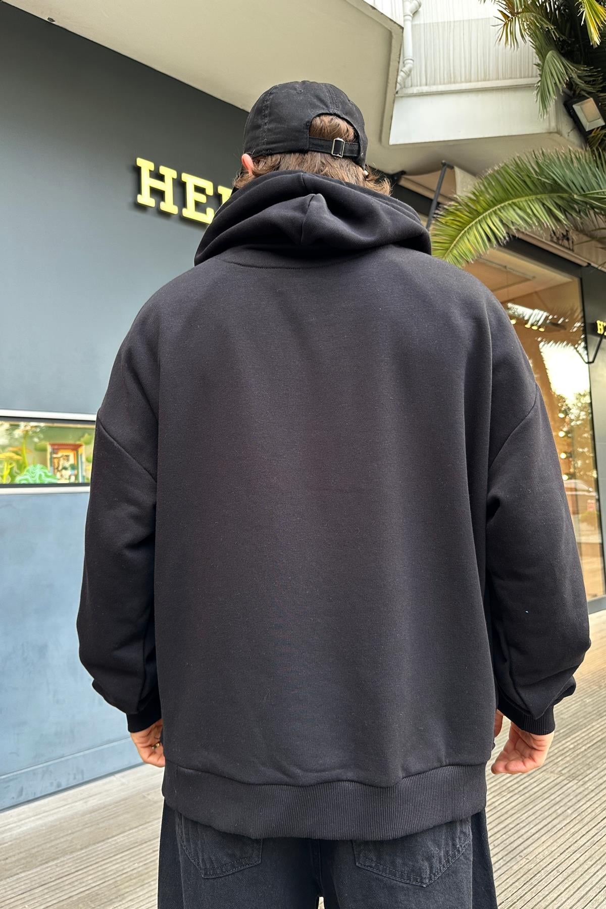 Graffiti Baskılı Siyah Oversize Zipper Sweatshirt SW993