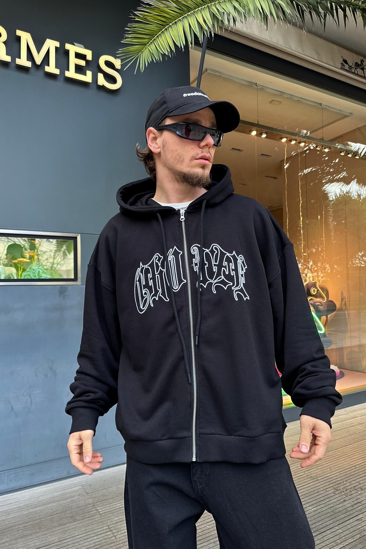 Graffiti Baskılı Siyah Oversize Zipper Sweatshirt SW993