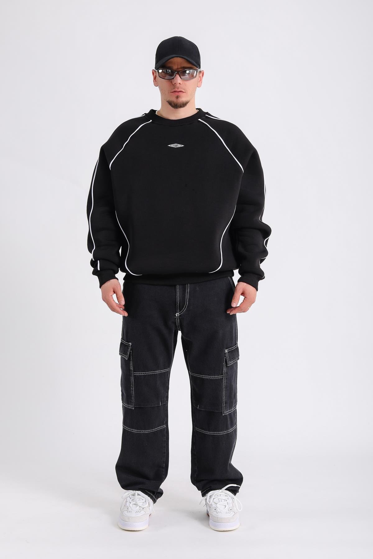 Greatland Şerit Detay Siyah Oversize Sweatshirt SW1173