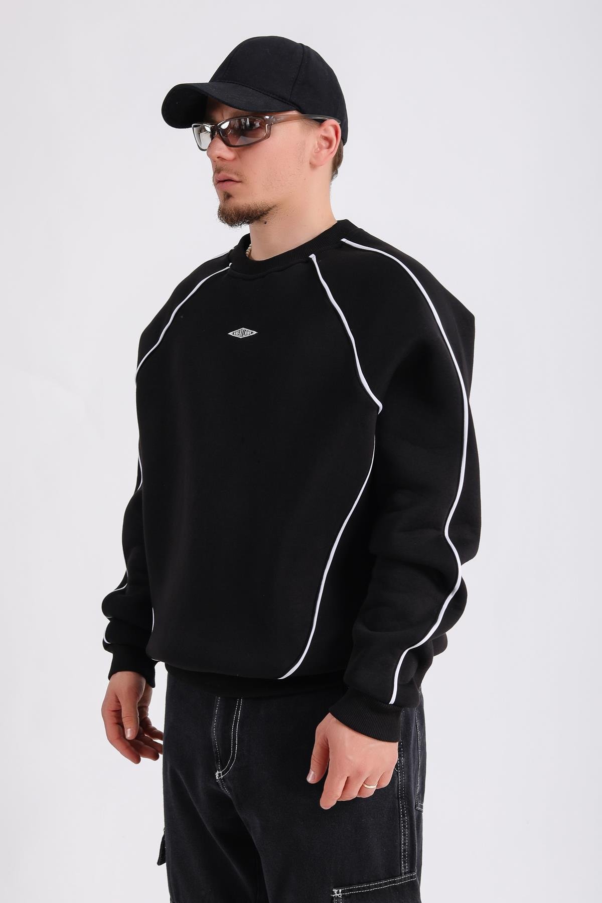 Greatland Şerit Detay Siyah Oversize Sweatshirt SW1173