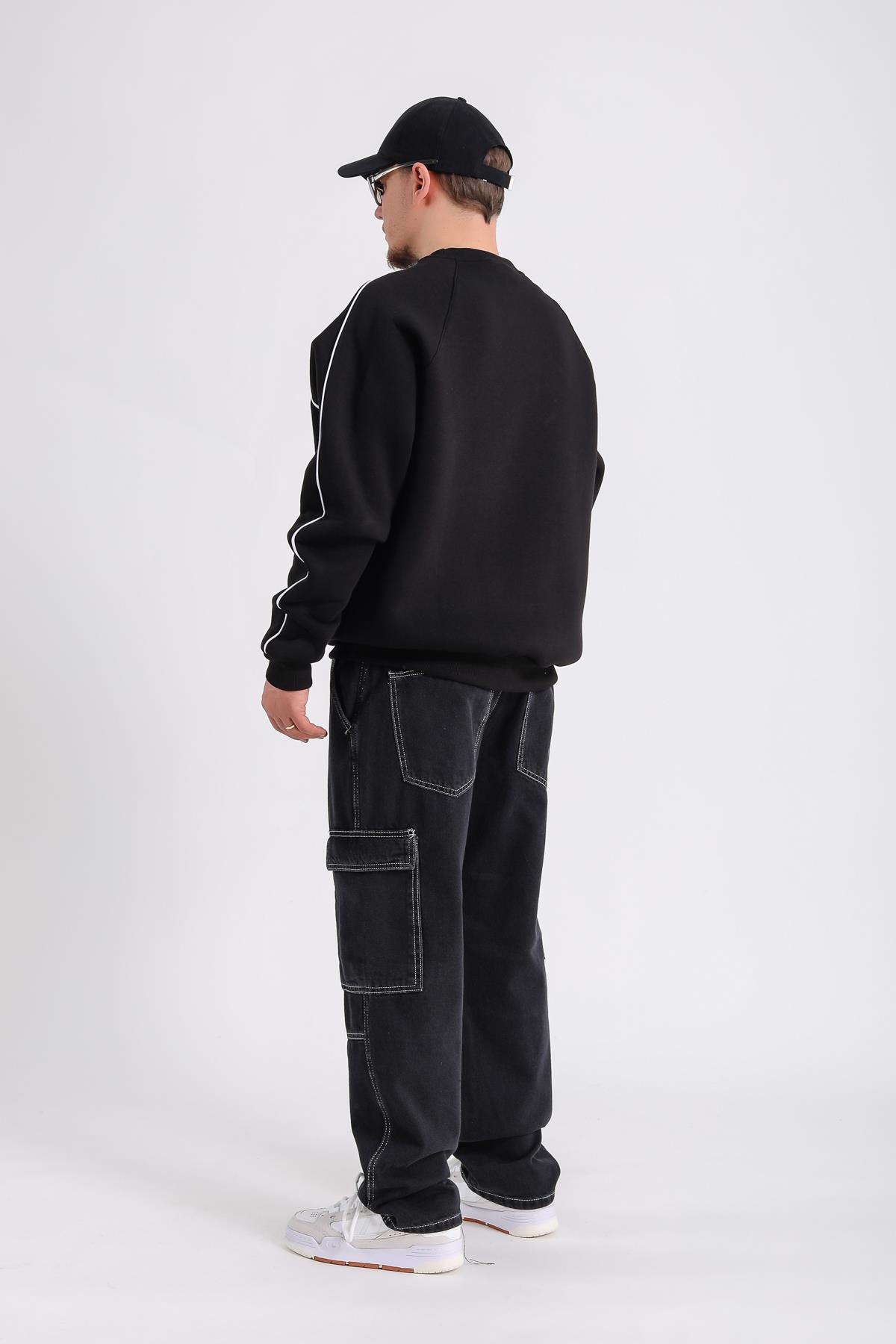 Greatland Şerit Detay Siyah Oversize Sweatshirt SW1173