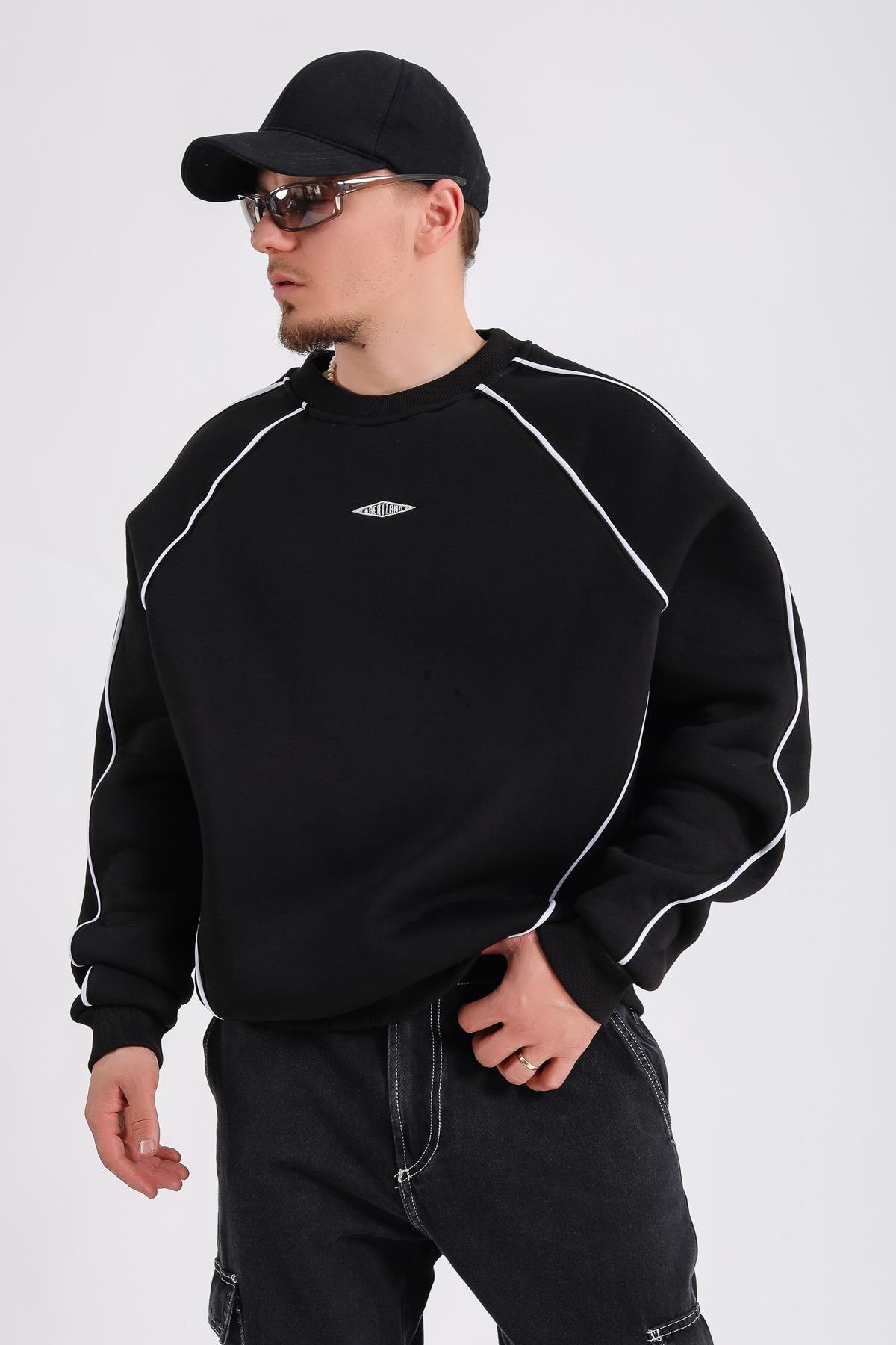 Greatland Şerit Detay Siyah Oversize Sweatshirt SW1173