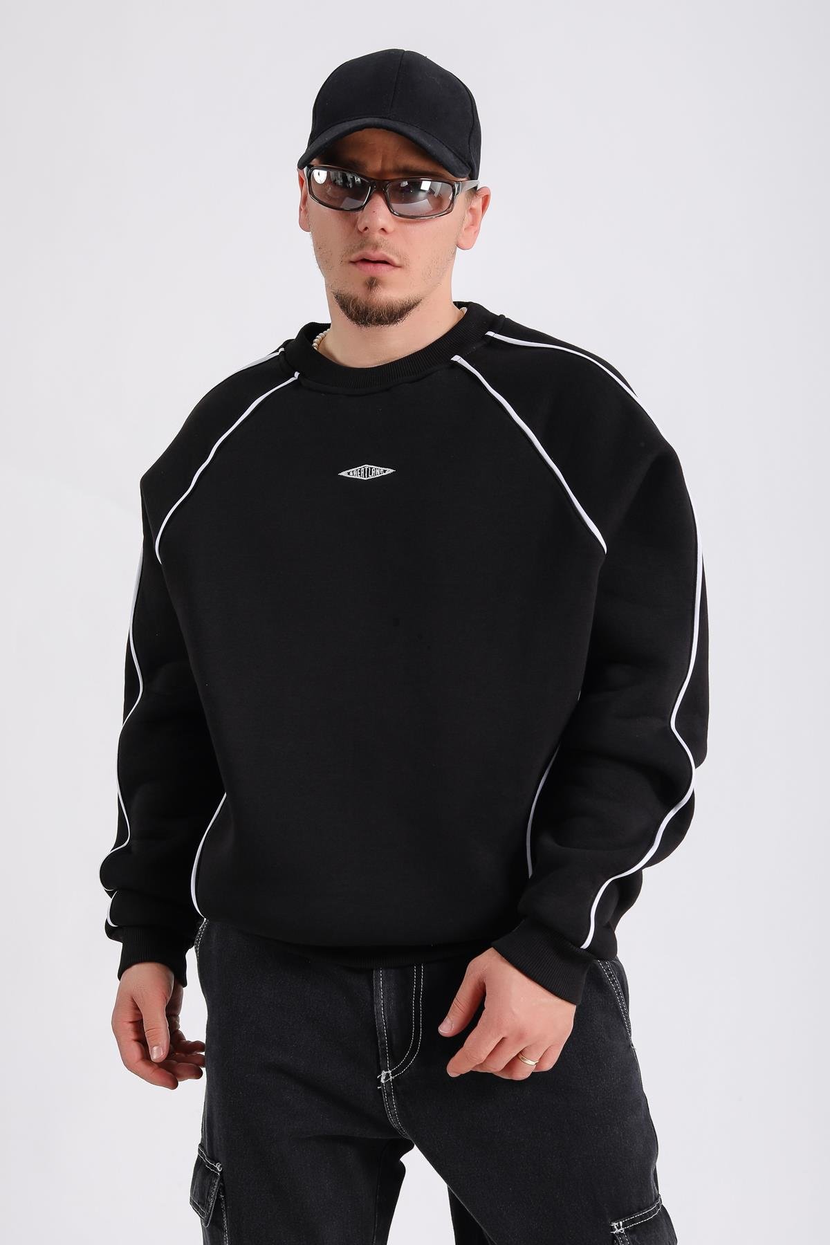 Greatland Şerit Detay Siyah Oversize Sweatshirt SW1173