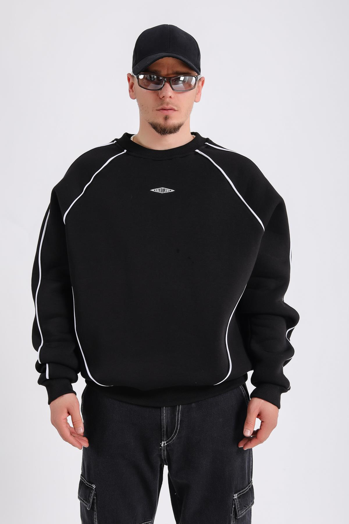 Greatland Şerit Detay Siyah Oversize Sweatshirt SW1173