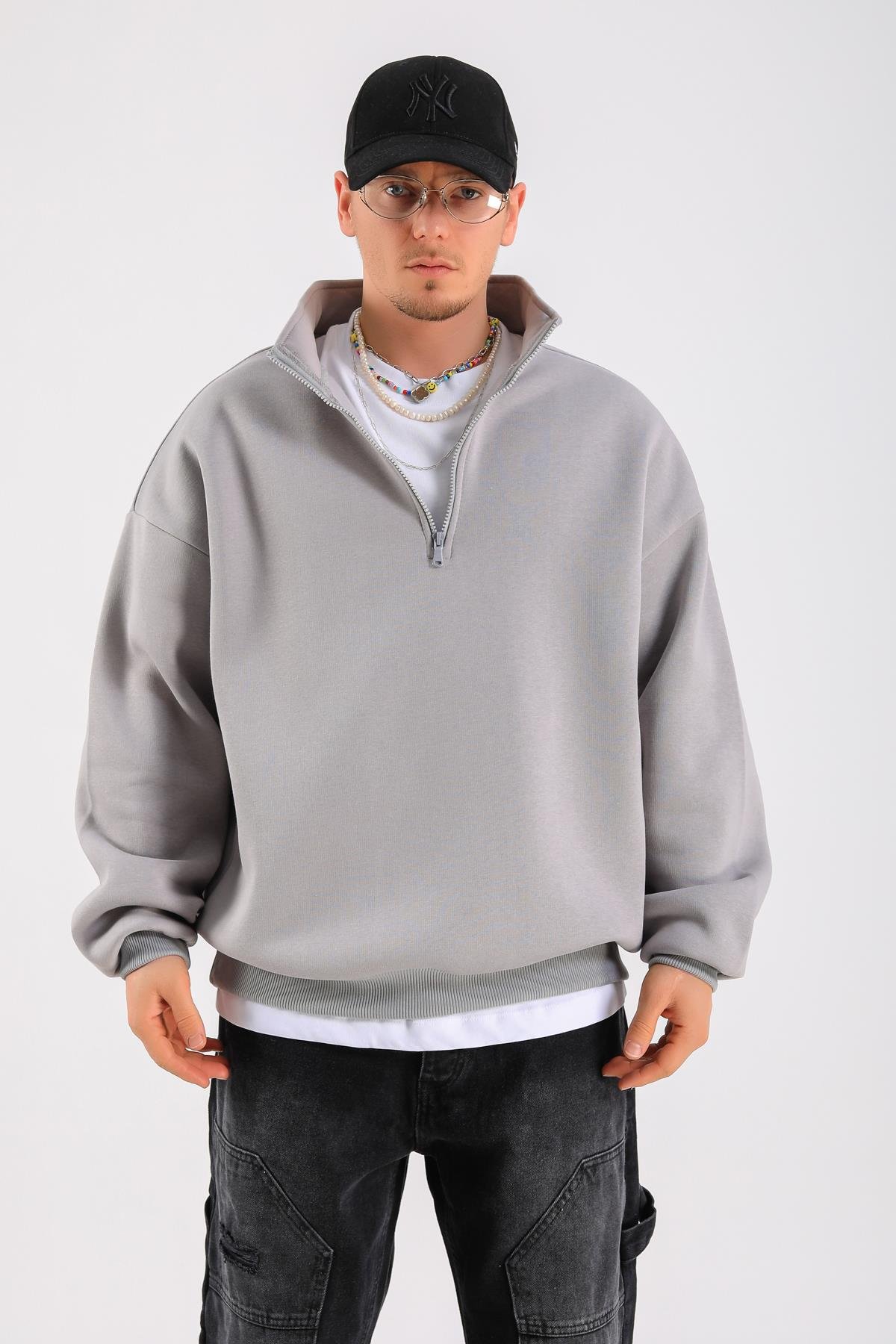 Gri Fermuar Yaka Basic Oversize Sweatshirt SW1319