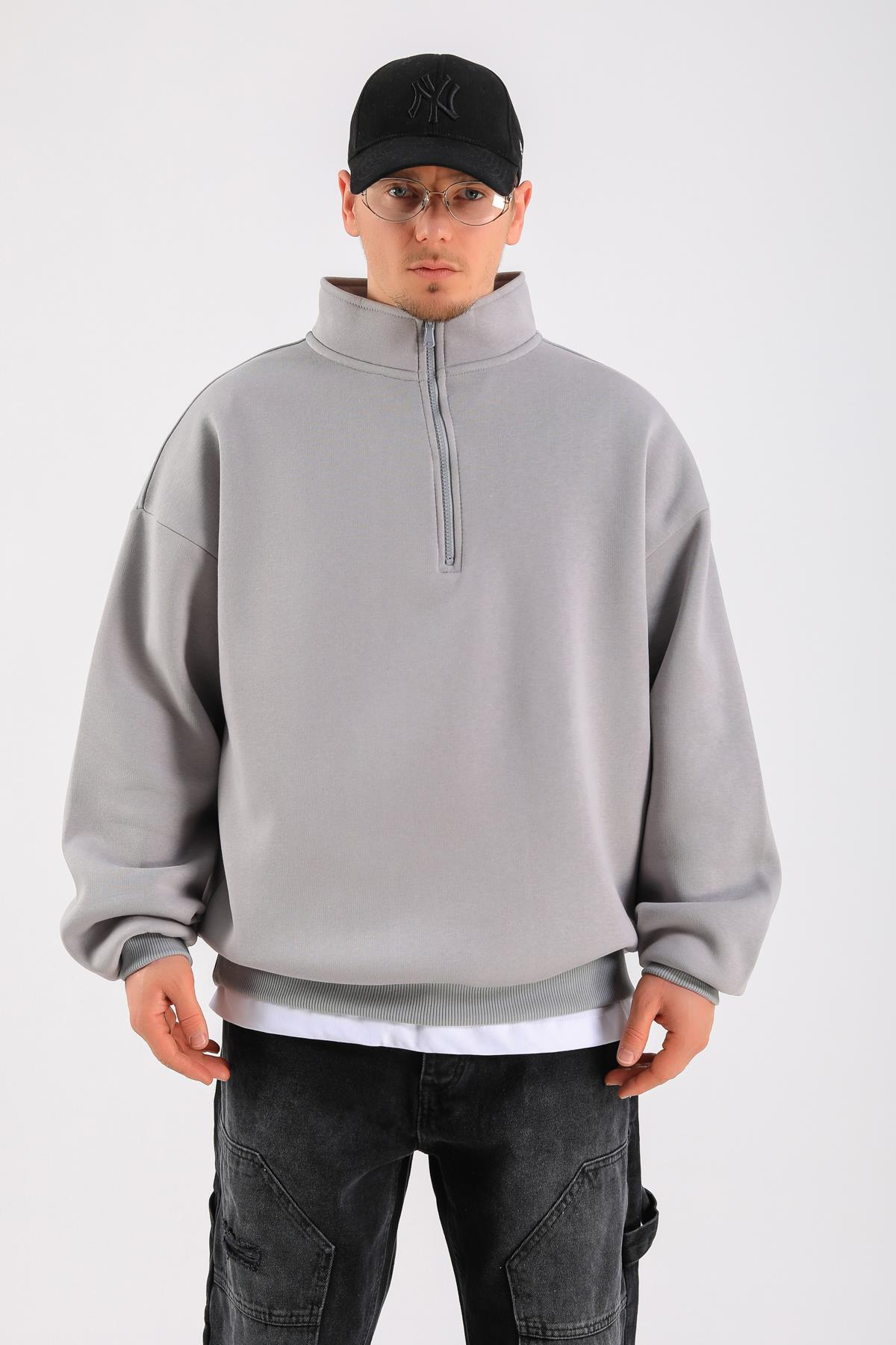 Gri Fermuar Yaka Basic Oversize Sweatshirt SW1319