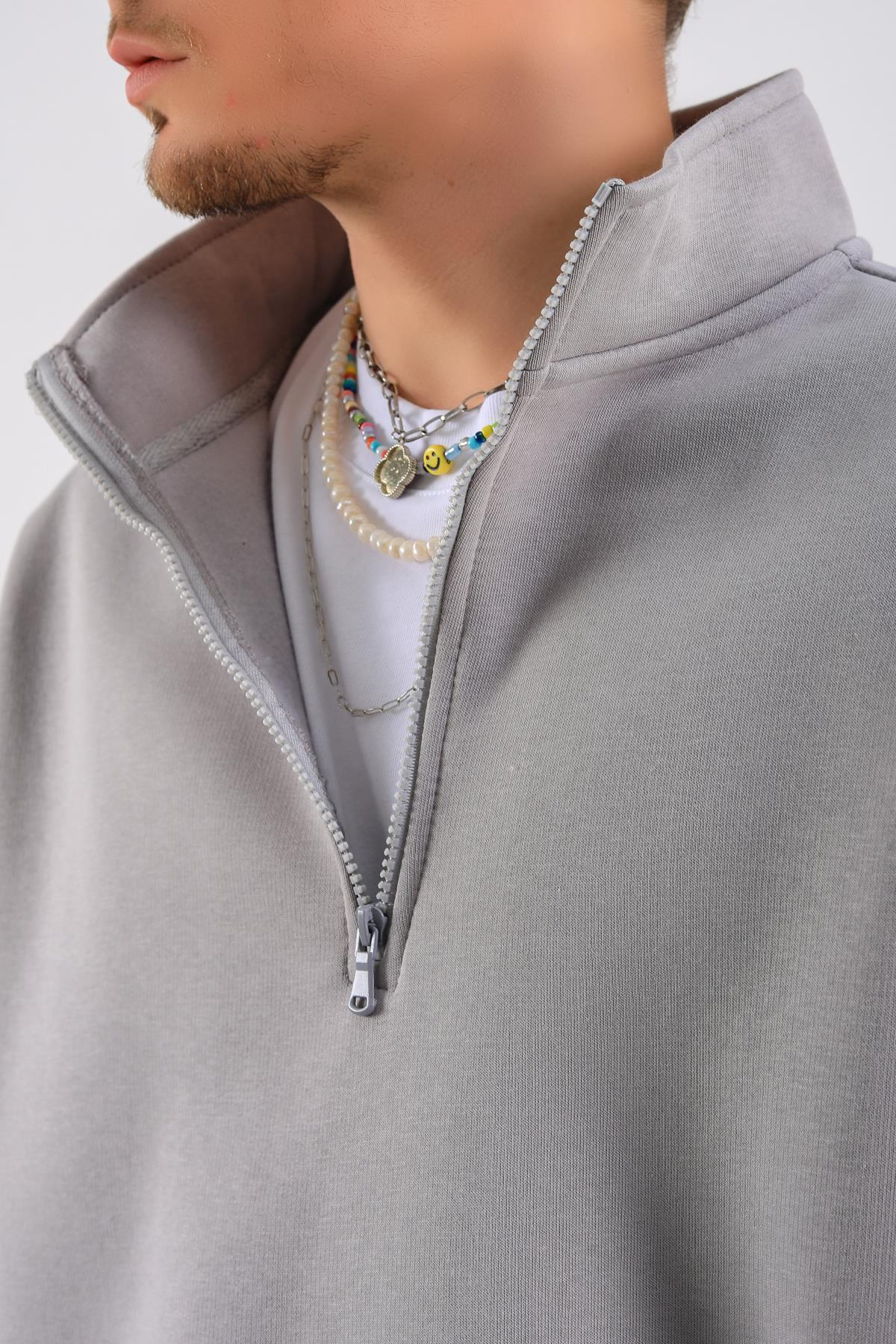 Gri Fermuar Yaka Basic Oversize Sweatshirt SW1319