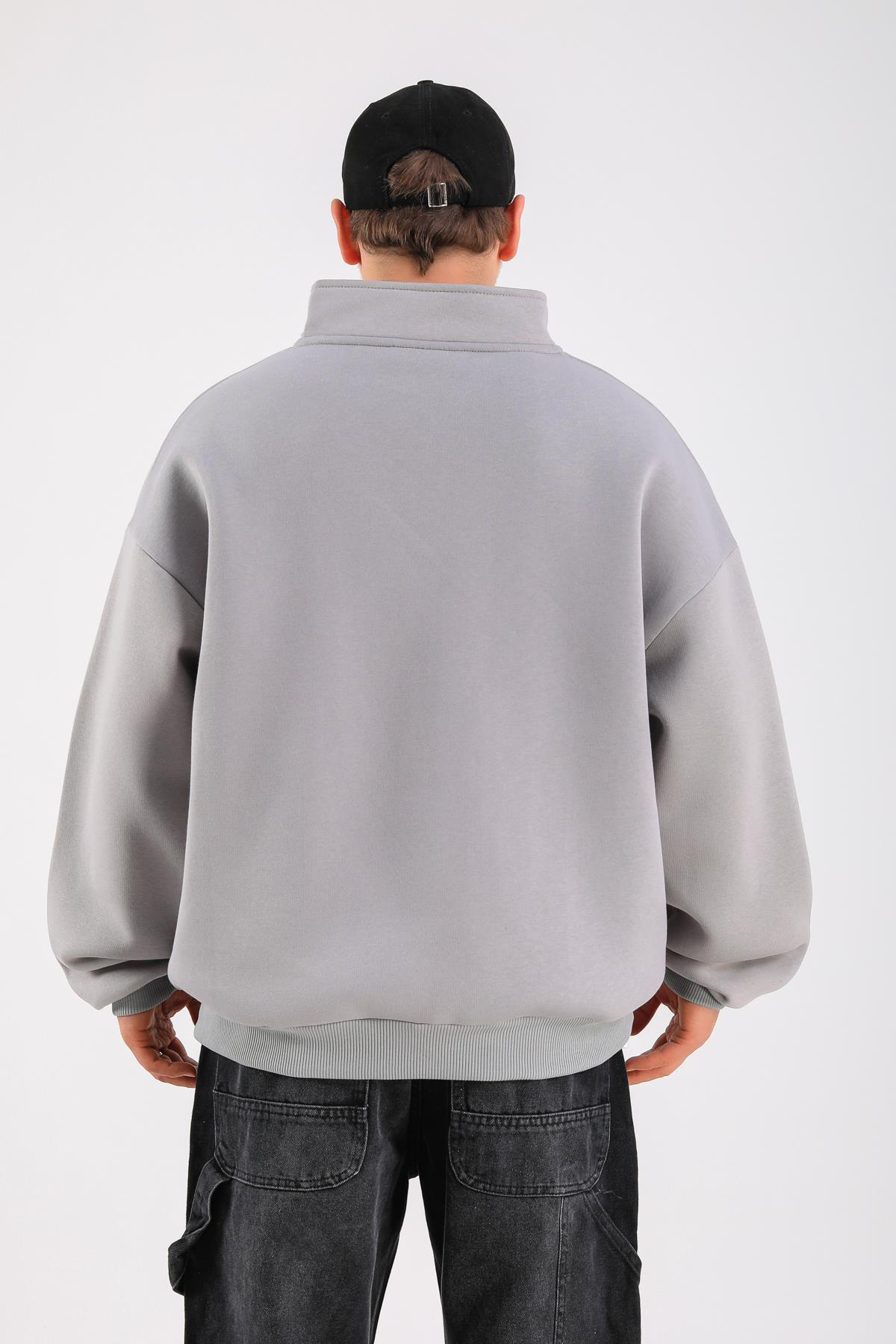 Gri Fermuar Yaka Basic Oversize Sweatshirt SW1319