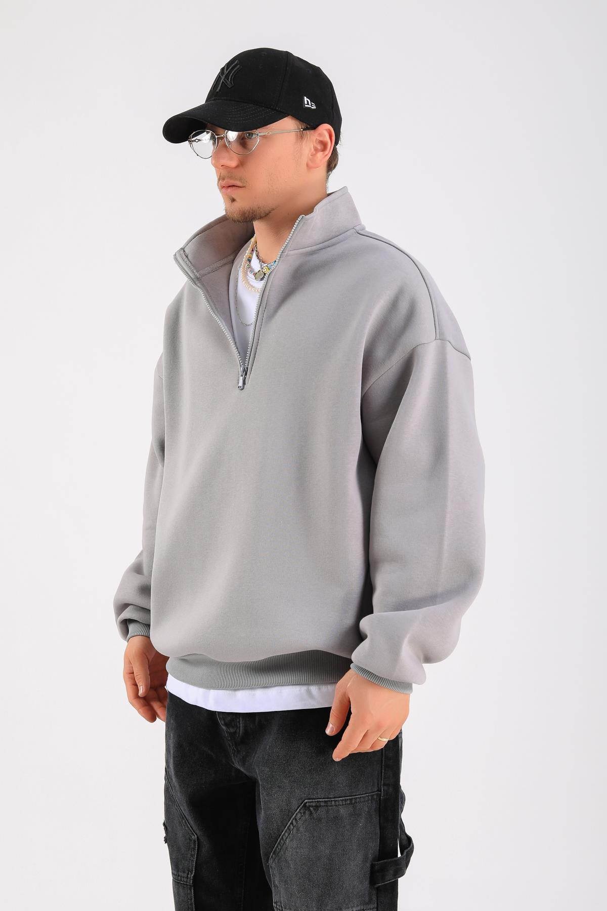 Gri Fermuar Yaka Basic Oversize Sweatshirt SW1319