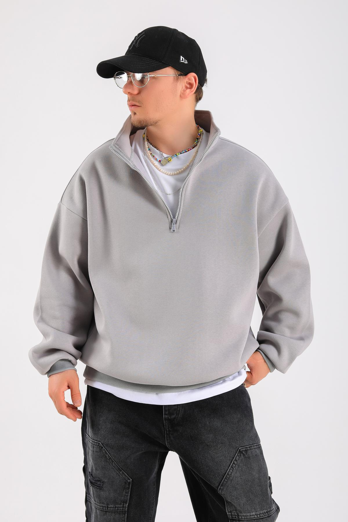 Gri Fermuar Yaka Basic Oversize Sweatshirt SW1319