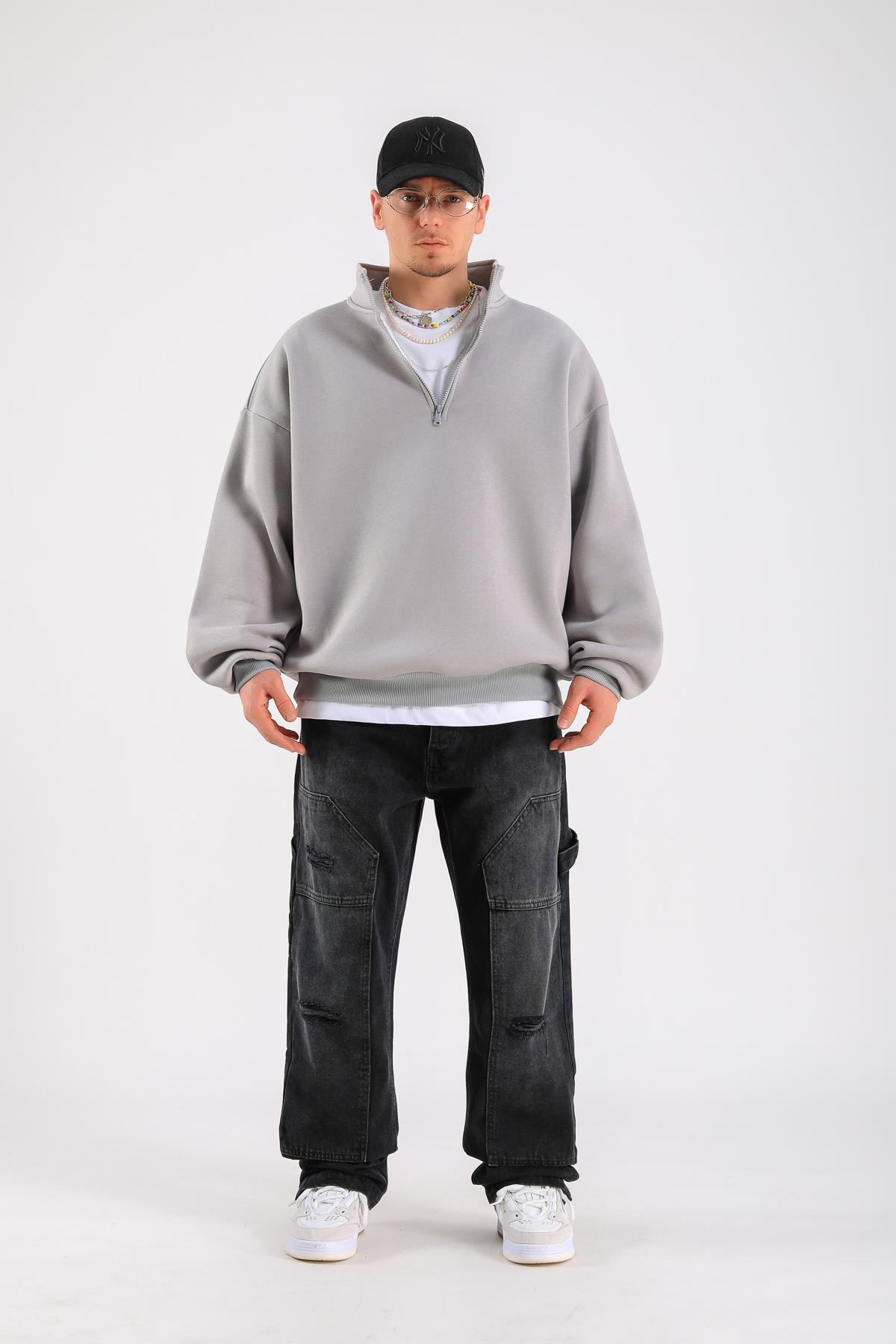 Gri Fermuar Yaka Basic Oversize Sweatshirt SW1319