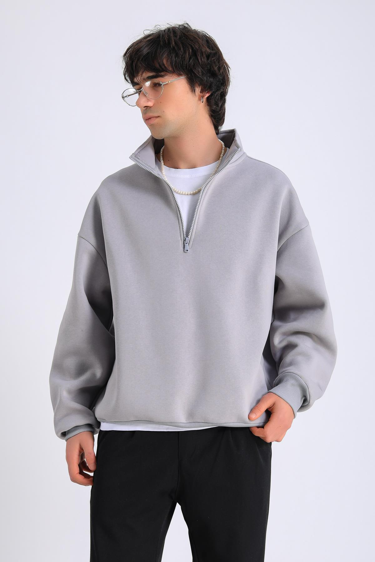Gri Fermuar Yaka Oversize Sweatshirt SW1300