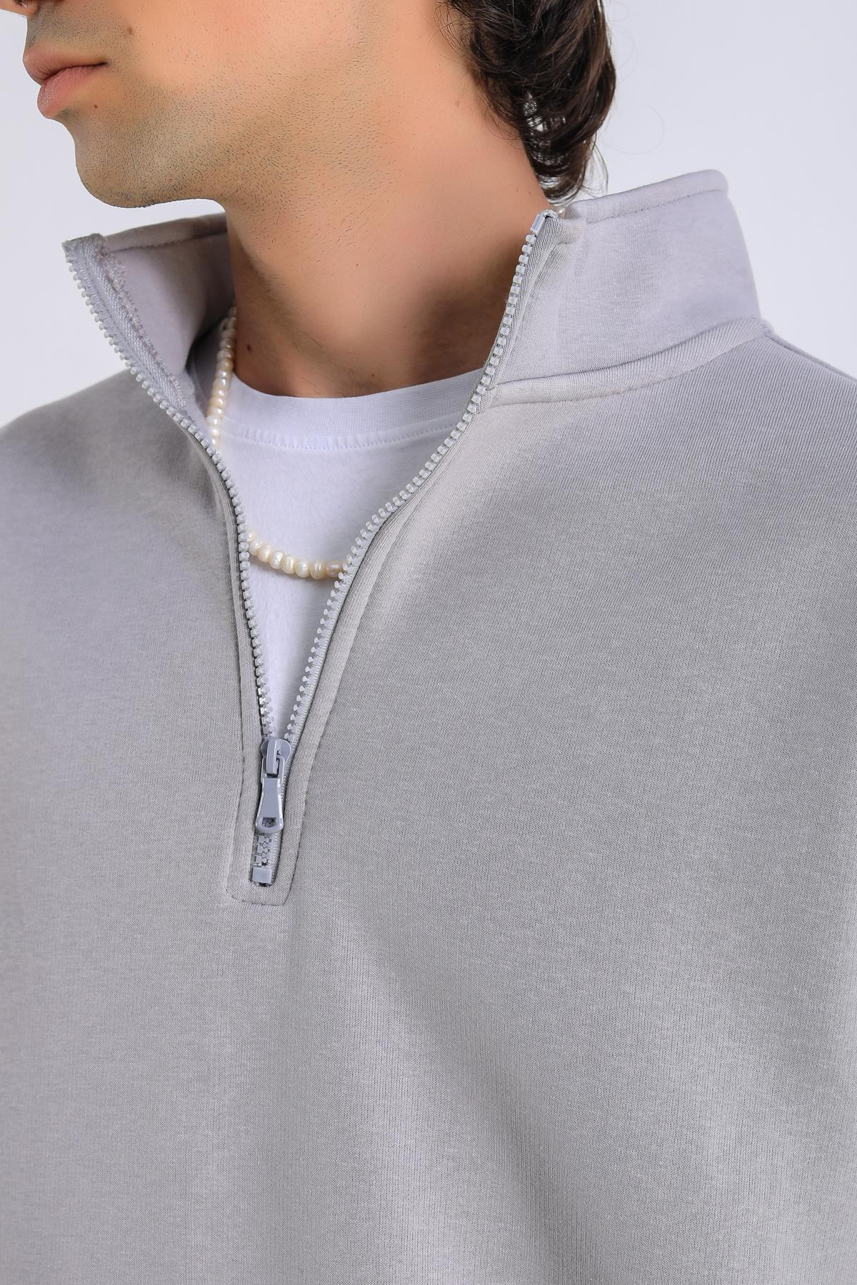 Gri Fermuar Yaka Oversize Sweatshirt SW1300