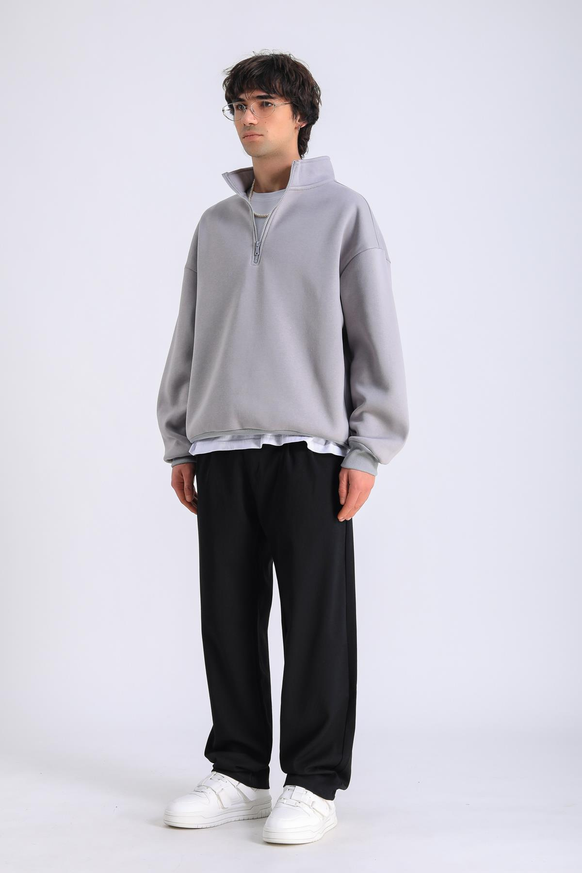 Gri Fermuar Yaka Oversize Sweatshirt SW1300