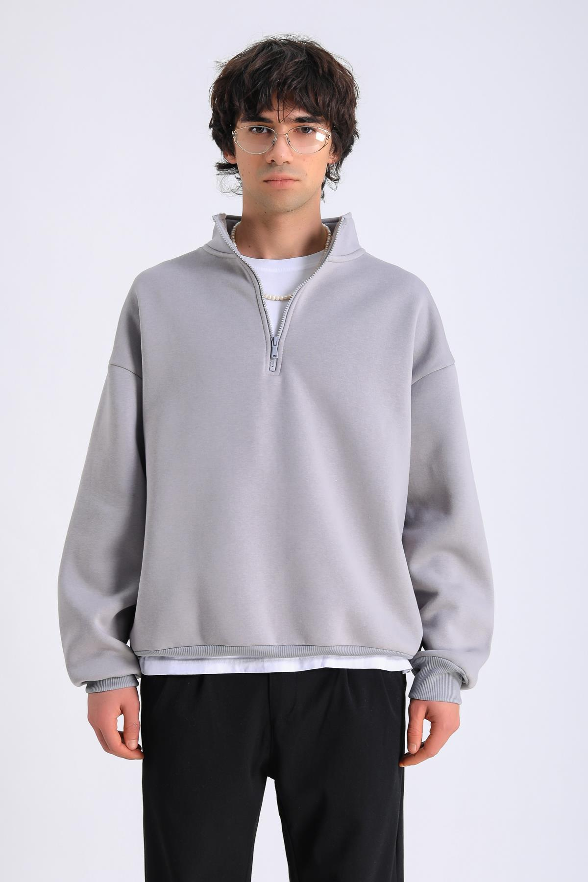 Gri Fermuar Yaka Oversize Sweatshirt SW1300