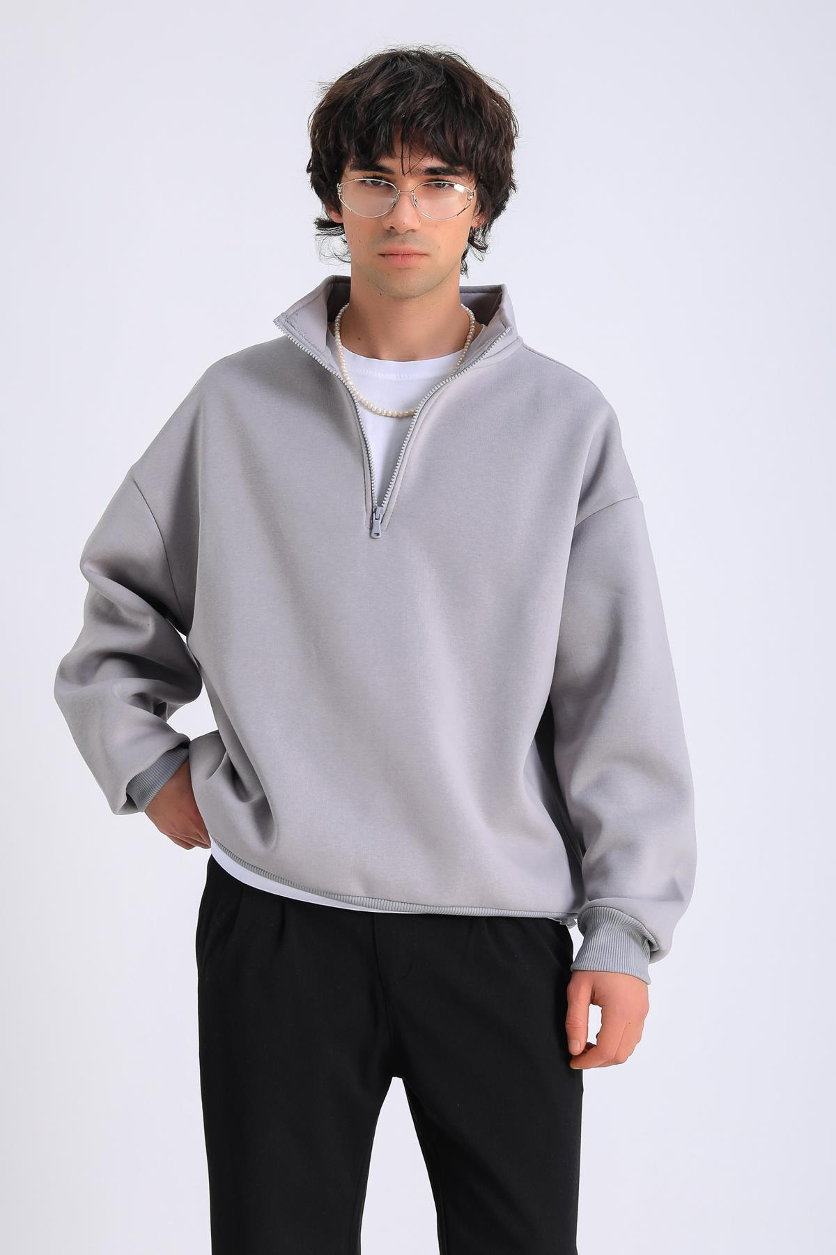 Gri Fermuar Yaka Oversize Sweatshirt SW1300