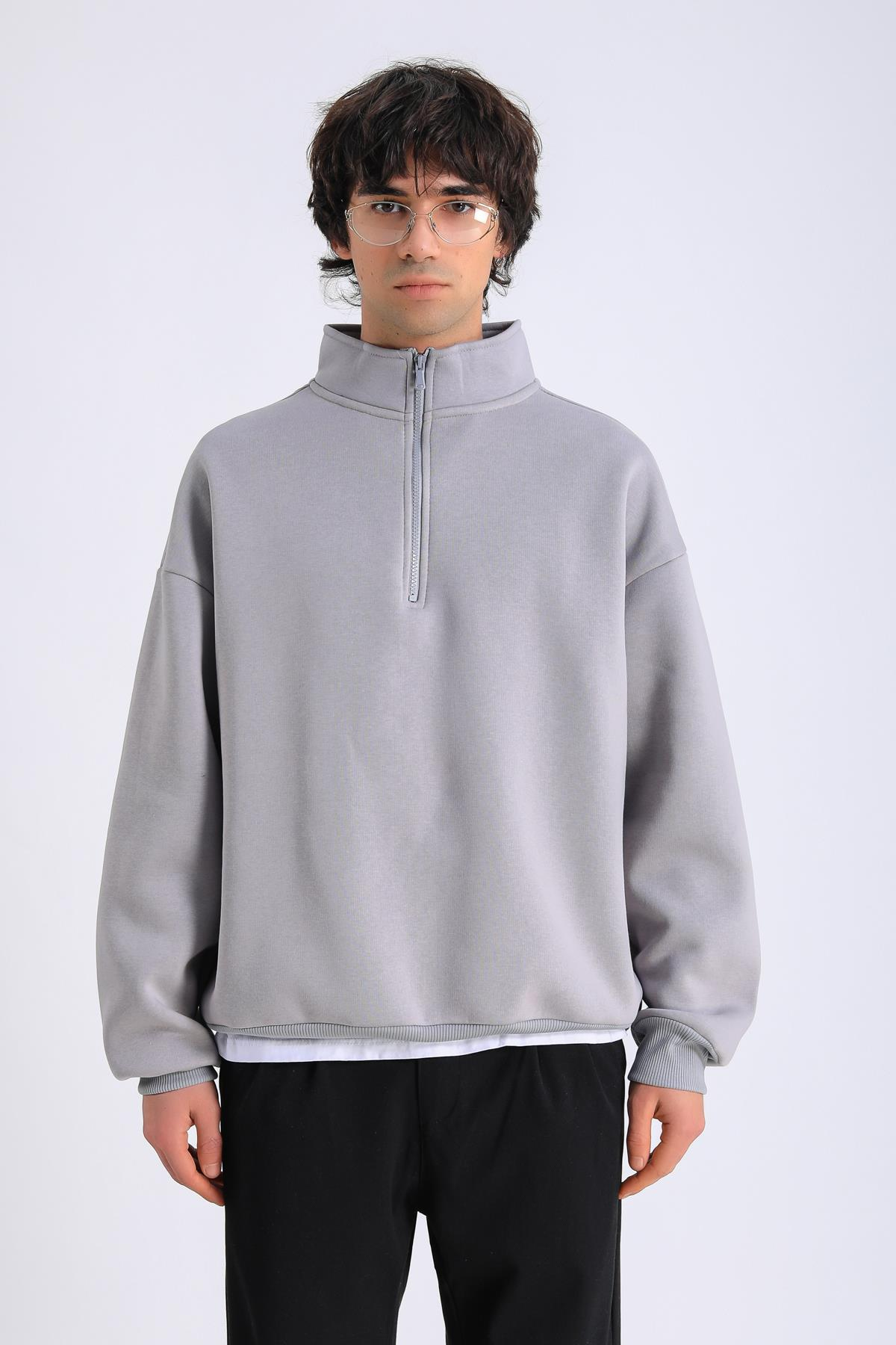 Gri Fermuar Yaka Oversize Sweatshirt SW1300