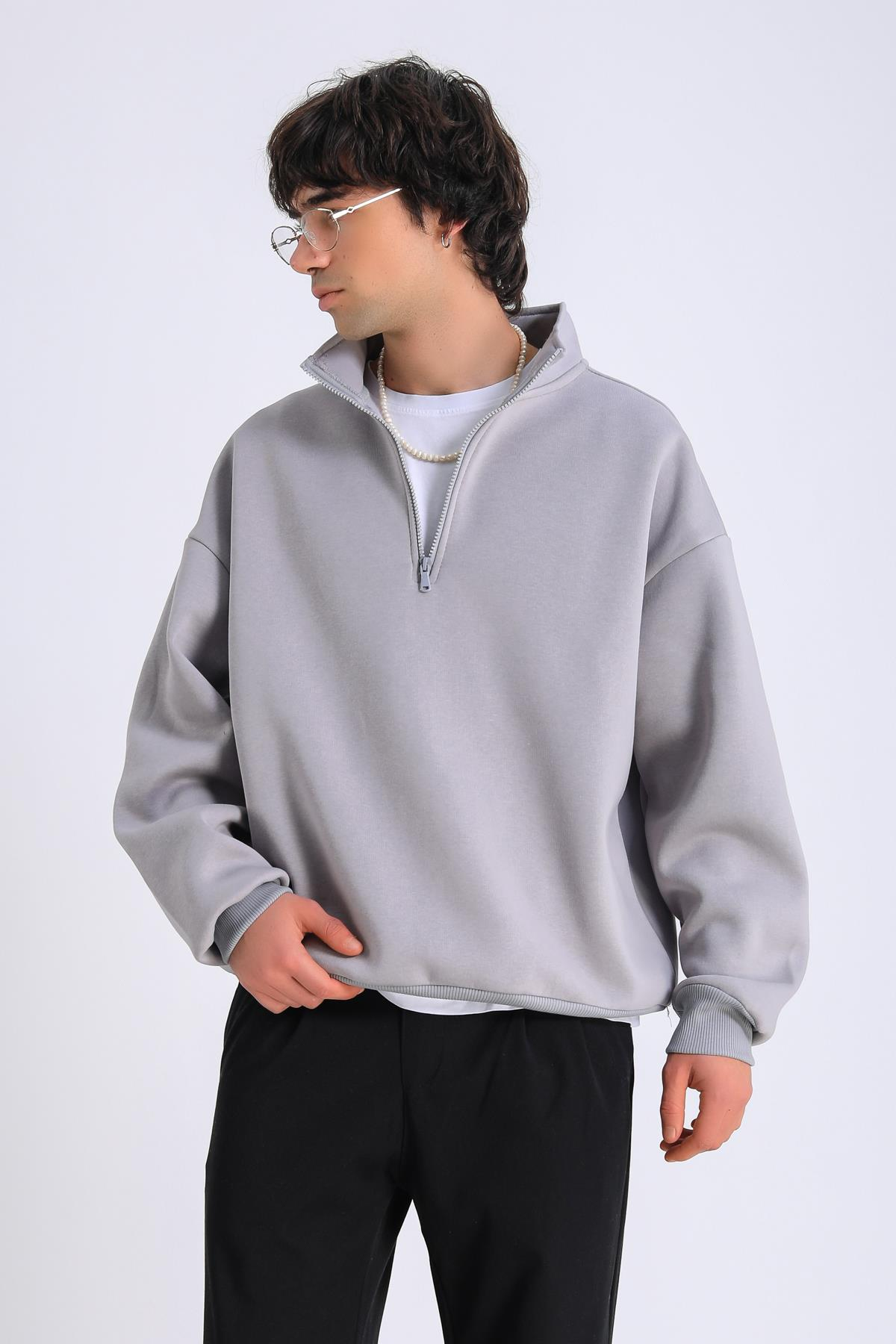 Gri Fermuar Yaka Oversize Sweatshirt SW1300