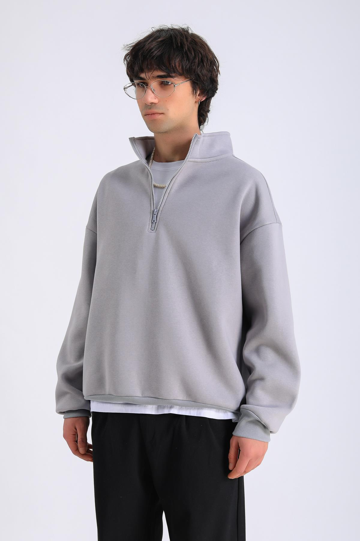 Gri Fermuar Yaka Oversize Sweatshirt SW1300