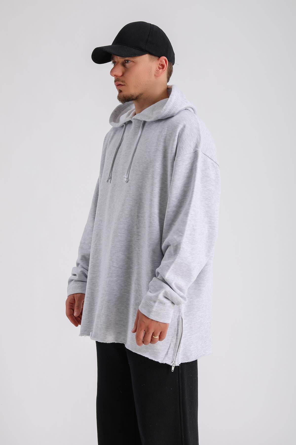 Gri Melanj Kesik Detay Uzun Oversize Sweatshirt SW1161