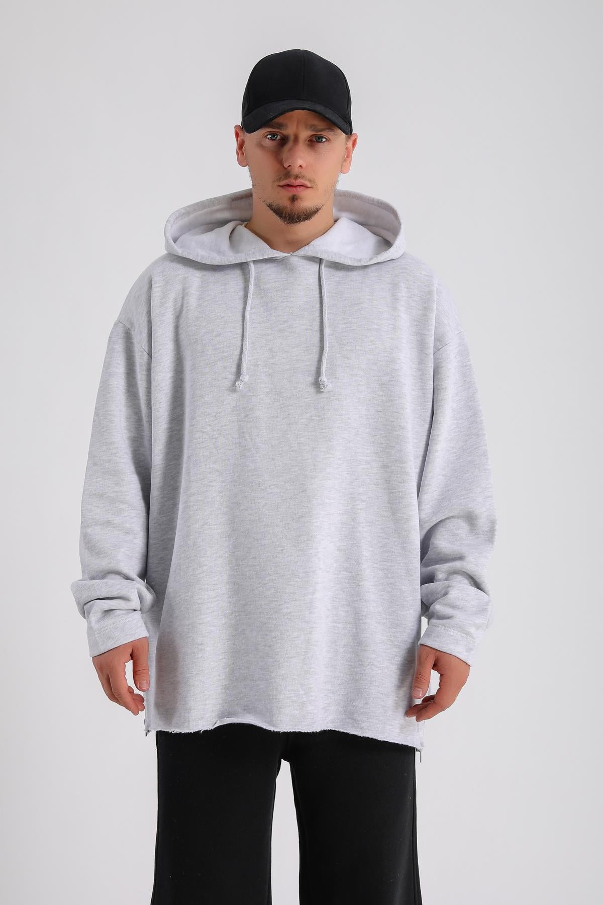 Gri Melanj Kesik Detay Uzun Oversize Sweatshirt SW1161