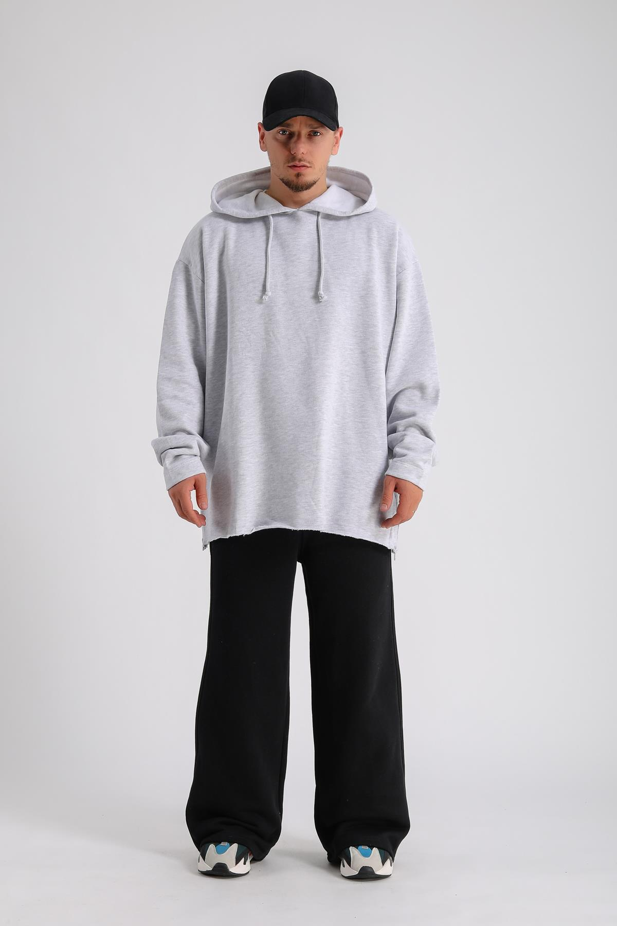 Gri Melanj Kesik Detay Uzun Oversize Sweatshirt SW1161