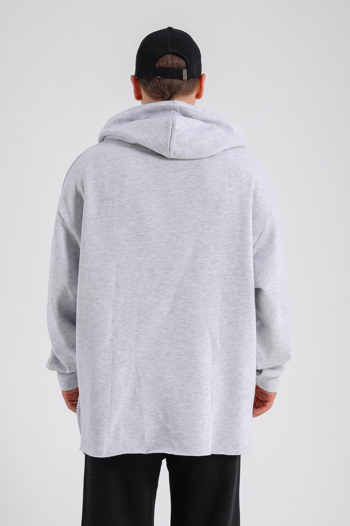 Gri Melanj Kesik Detay Uzun Oversize Sweatshirt SW1161