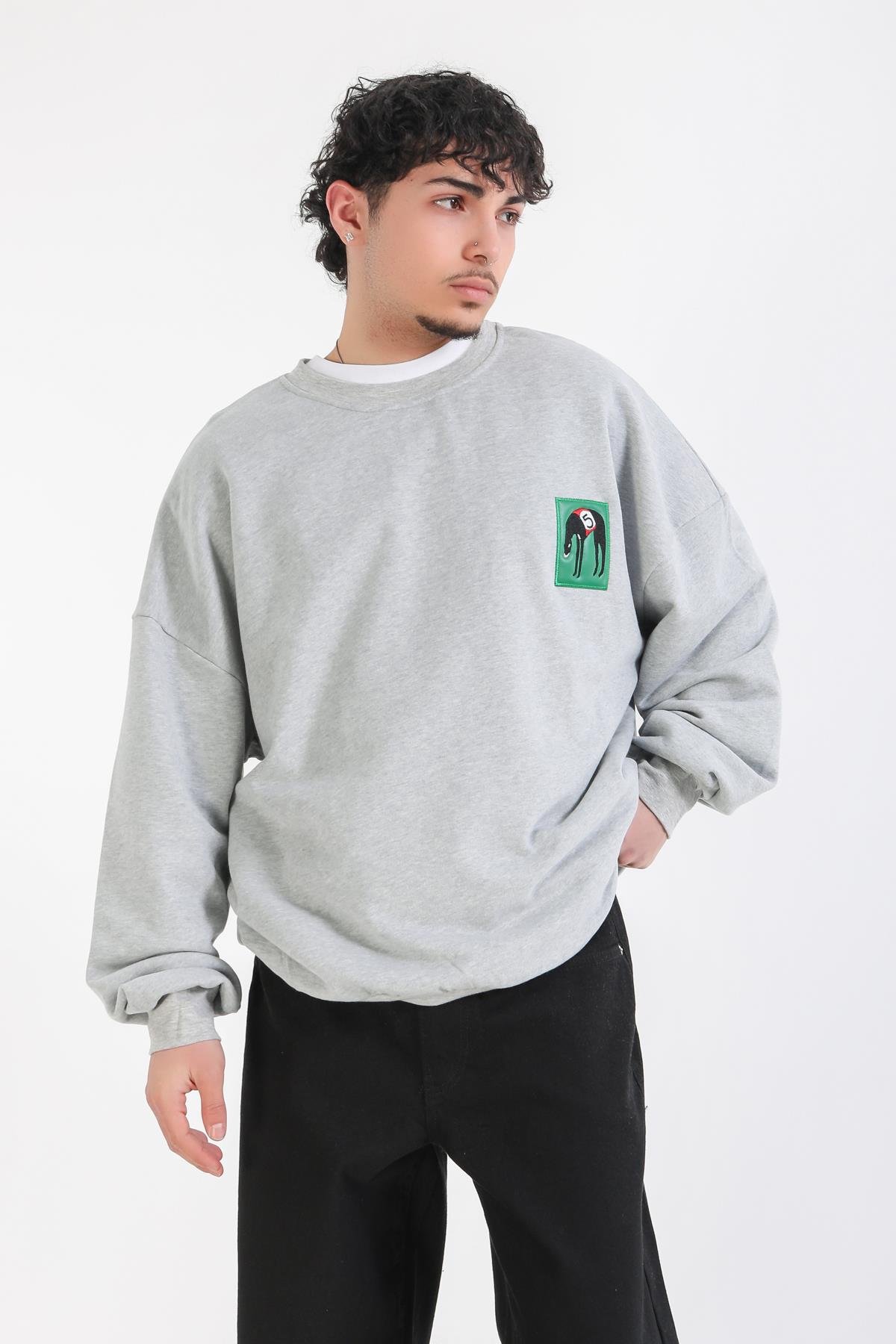 Gri Melanj Patch Detay Oversize Sweatshirt