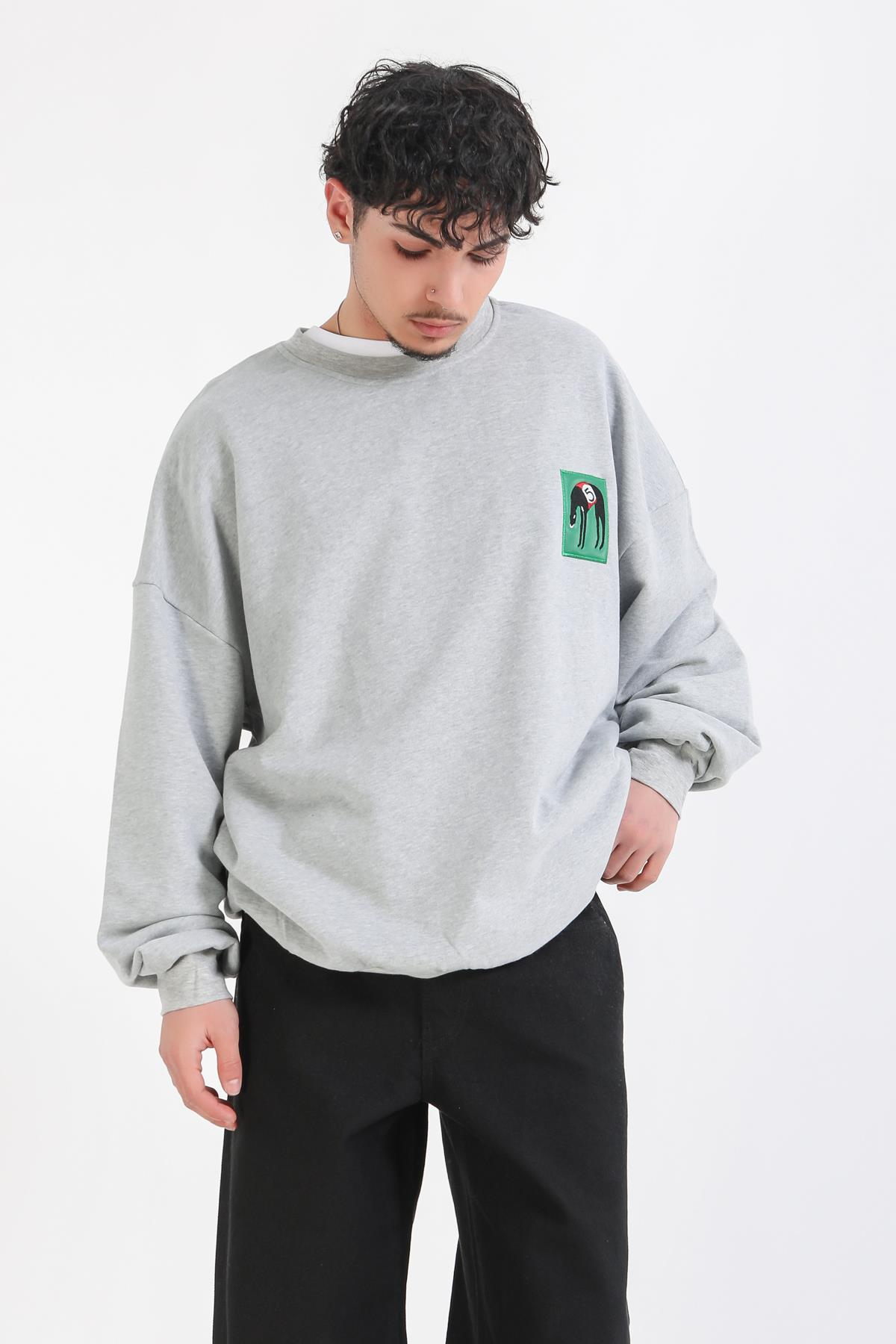 Gri Melanj Patch Detay Oversize Sweatshirt