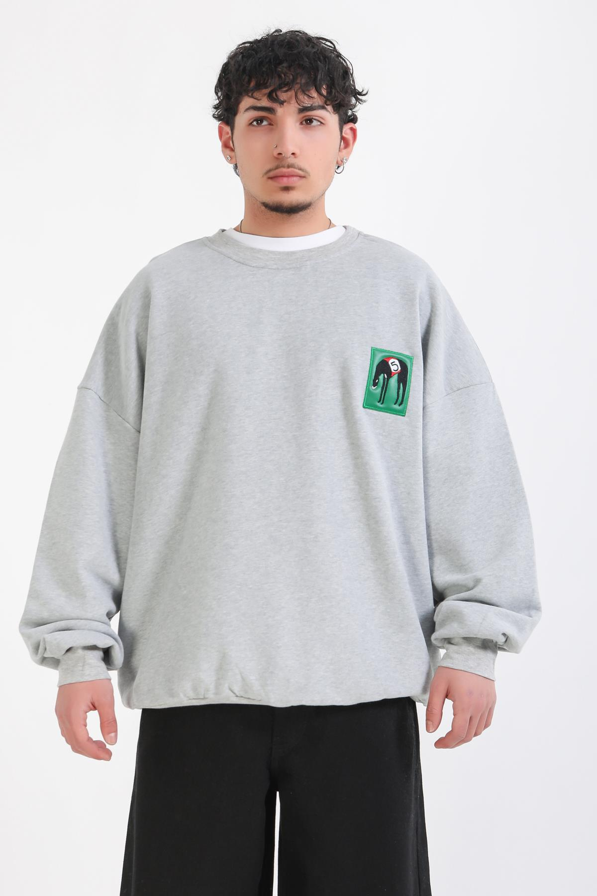 Gri Melanj Patch Detay Oversize Sweatshirt