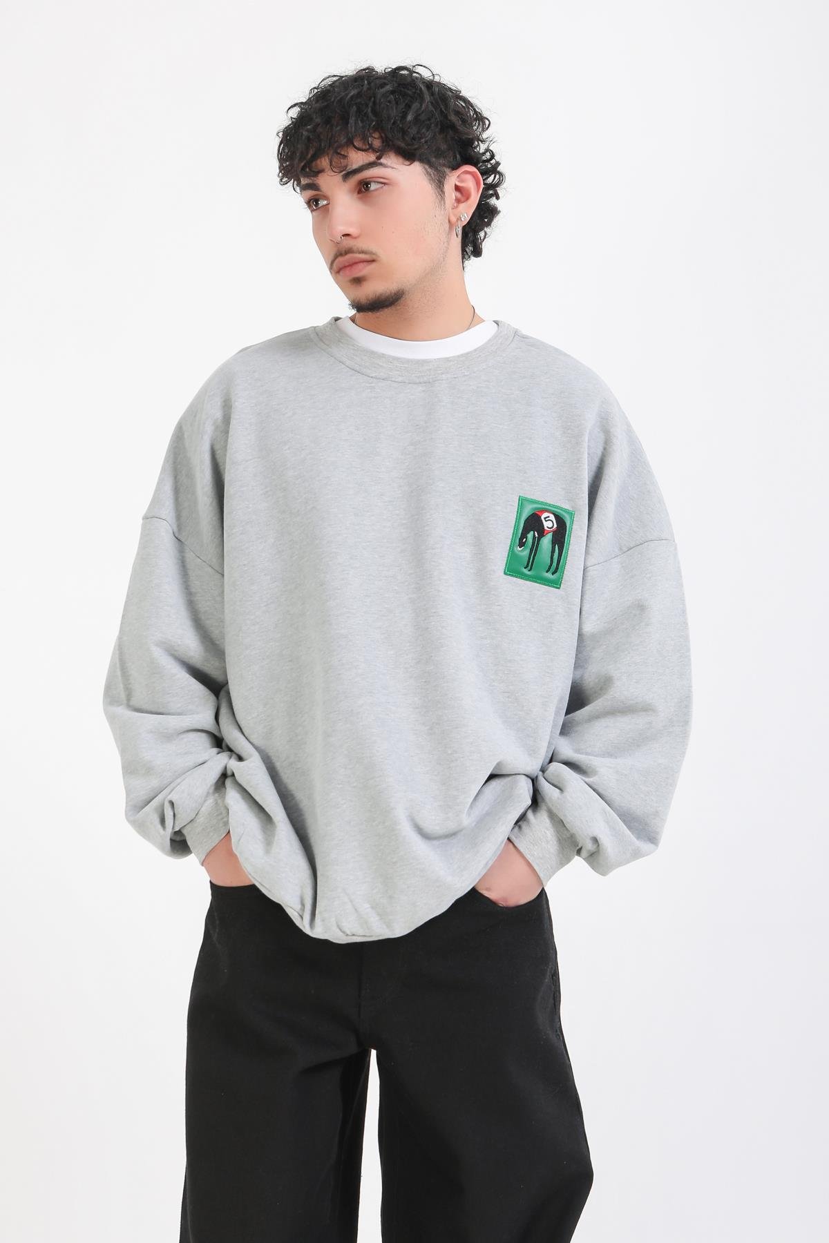 Gri Melanj Patch Detay Oversize Sweatshirt
