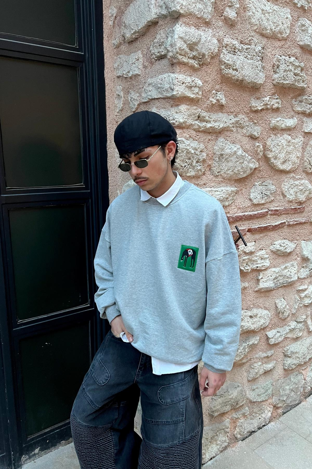 Gri Melanj Patch Detay Oversize Sweatshirt