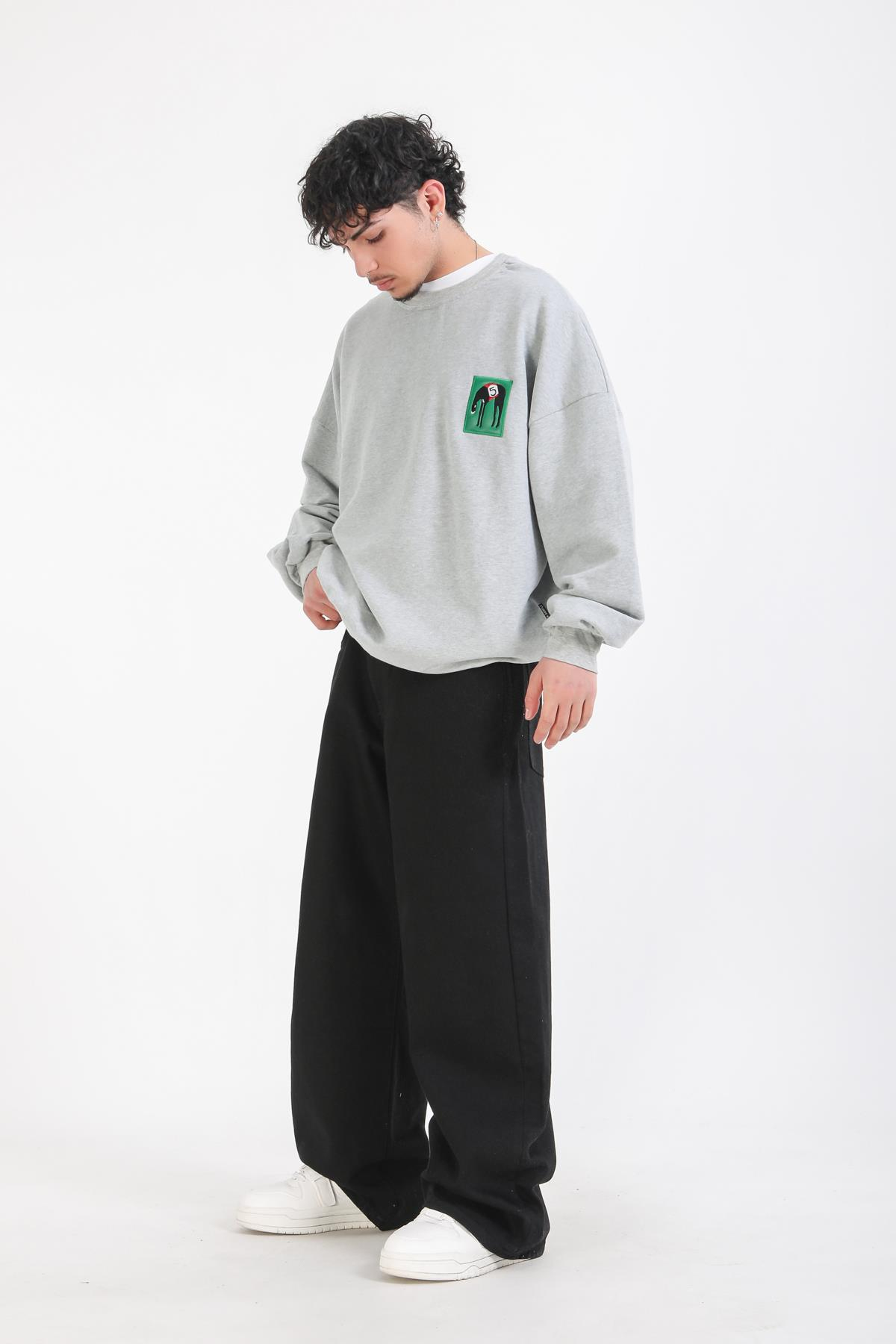 Gri Melanj Patch Detay Oversize Sweatshirt
