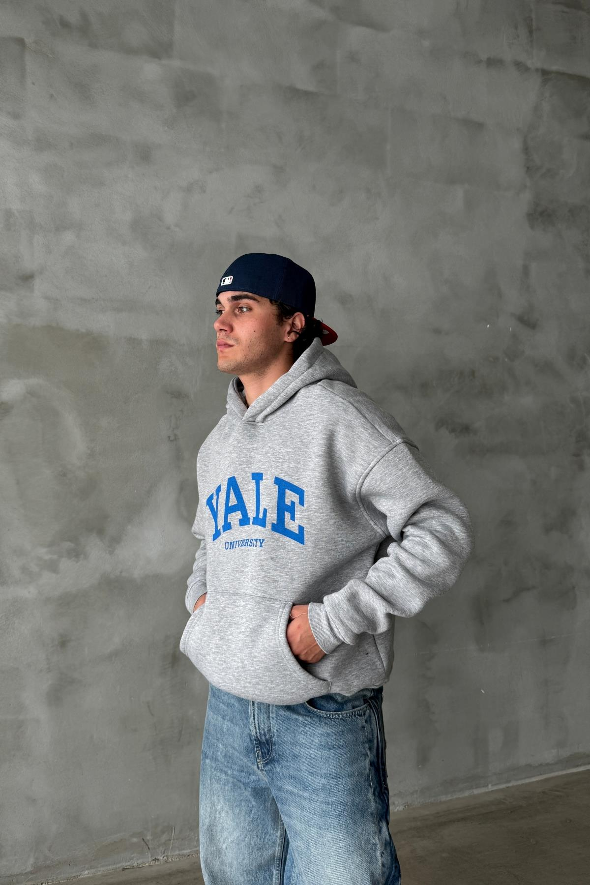 Gri Melanj Yale Baskılı Oversize Hoodie PM01