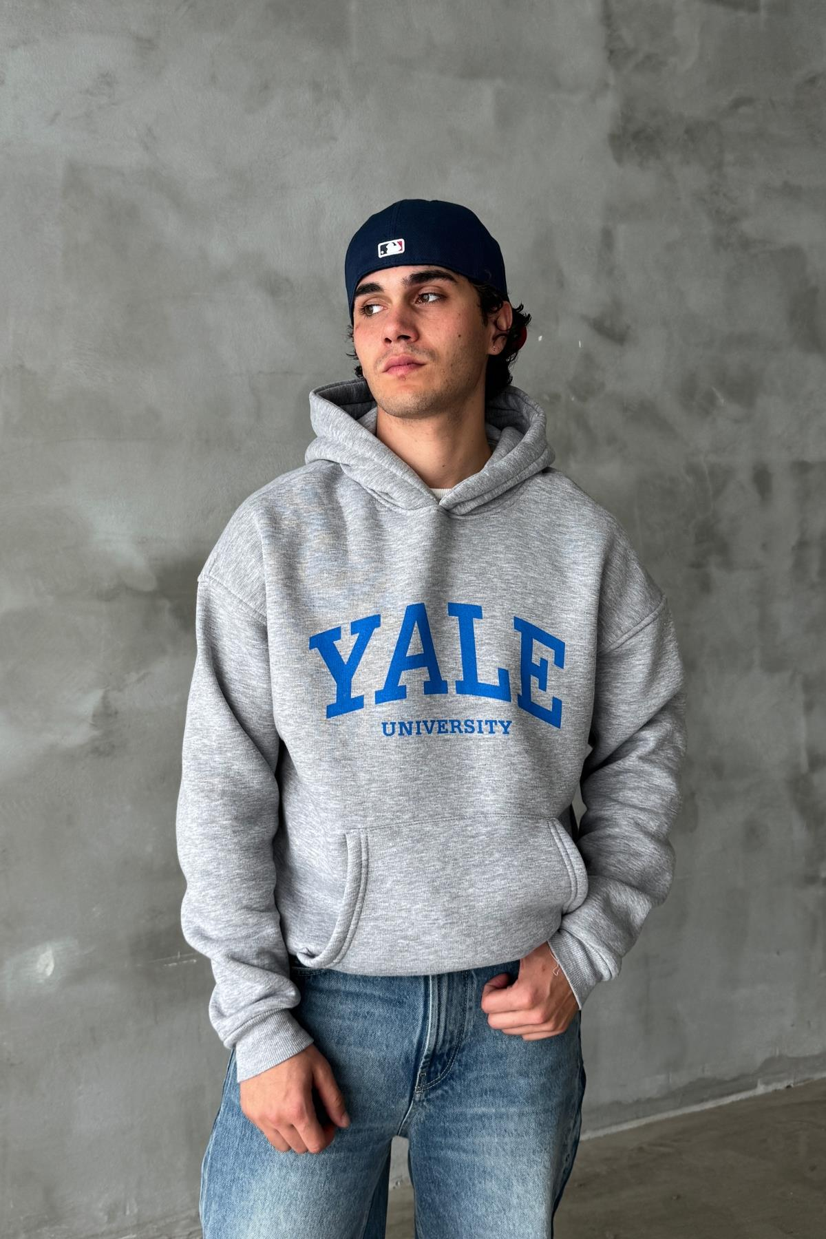 Gri Melanj Yale Baskılı Oversize Hoodie PM01