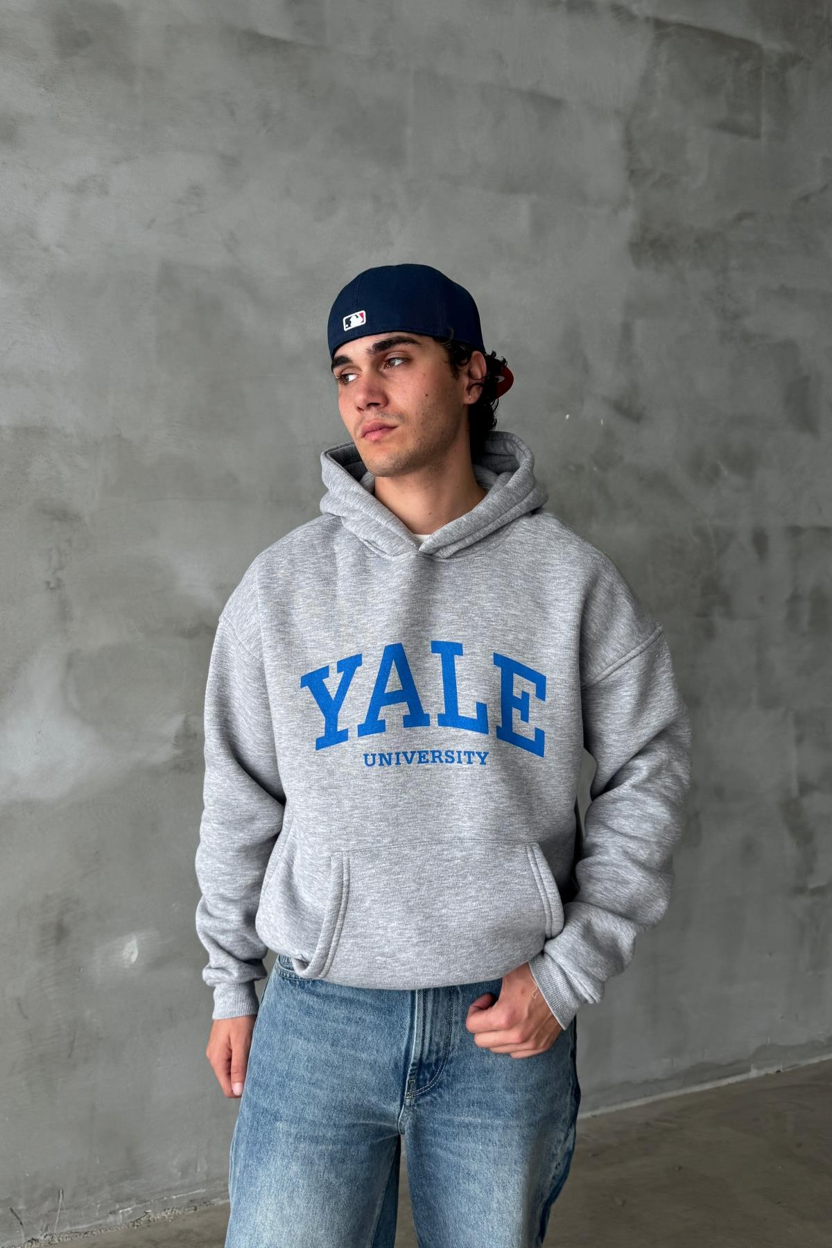 Gri Melanj Yale Baskılı Oversize Hoodie PM01