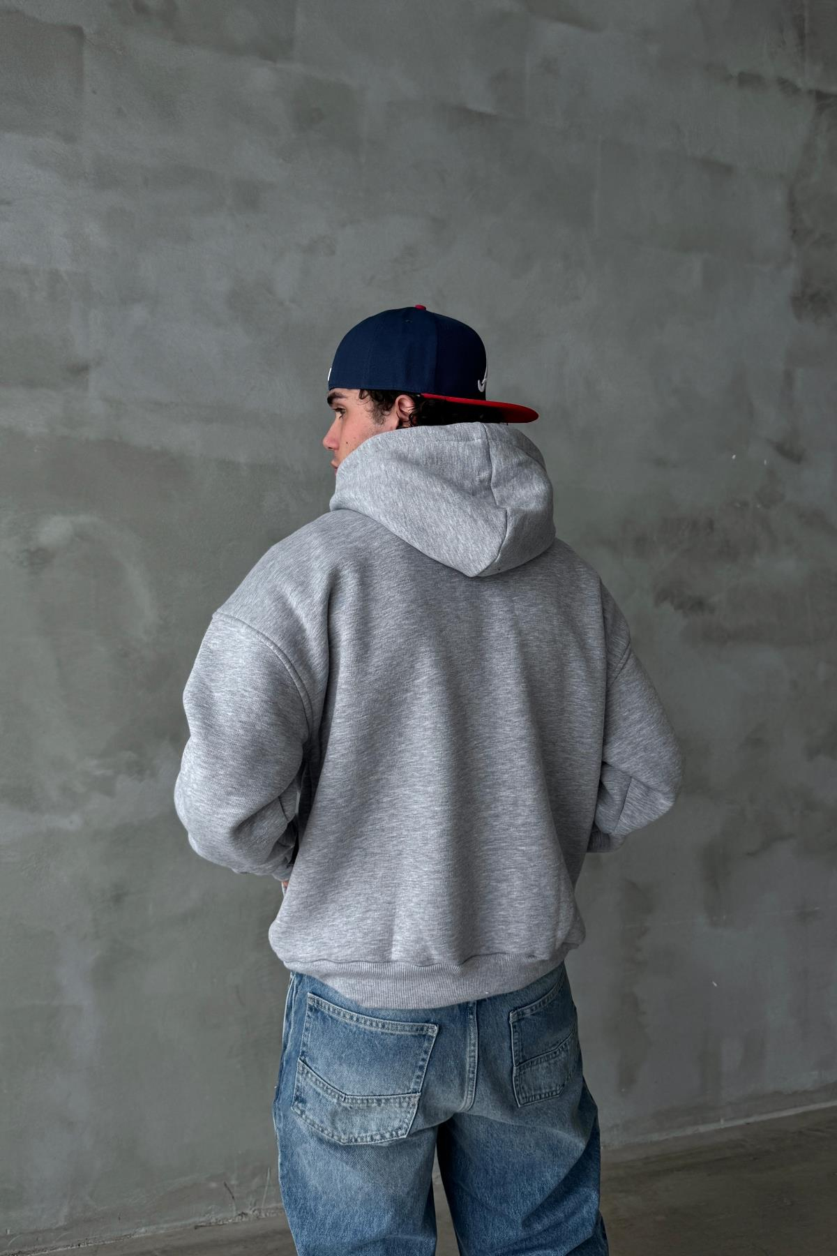 Gri Melanj Yale Baskılı Oversize Hoodie PM01
