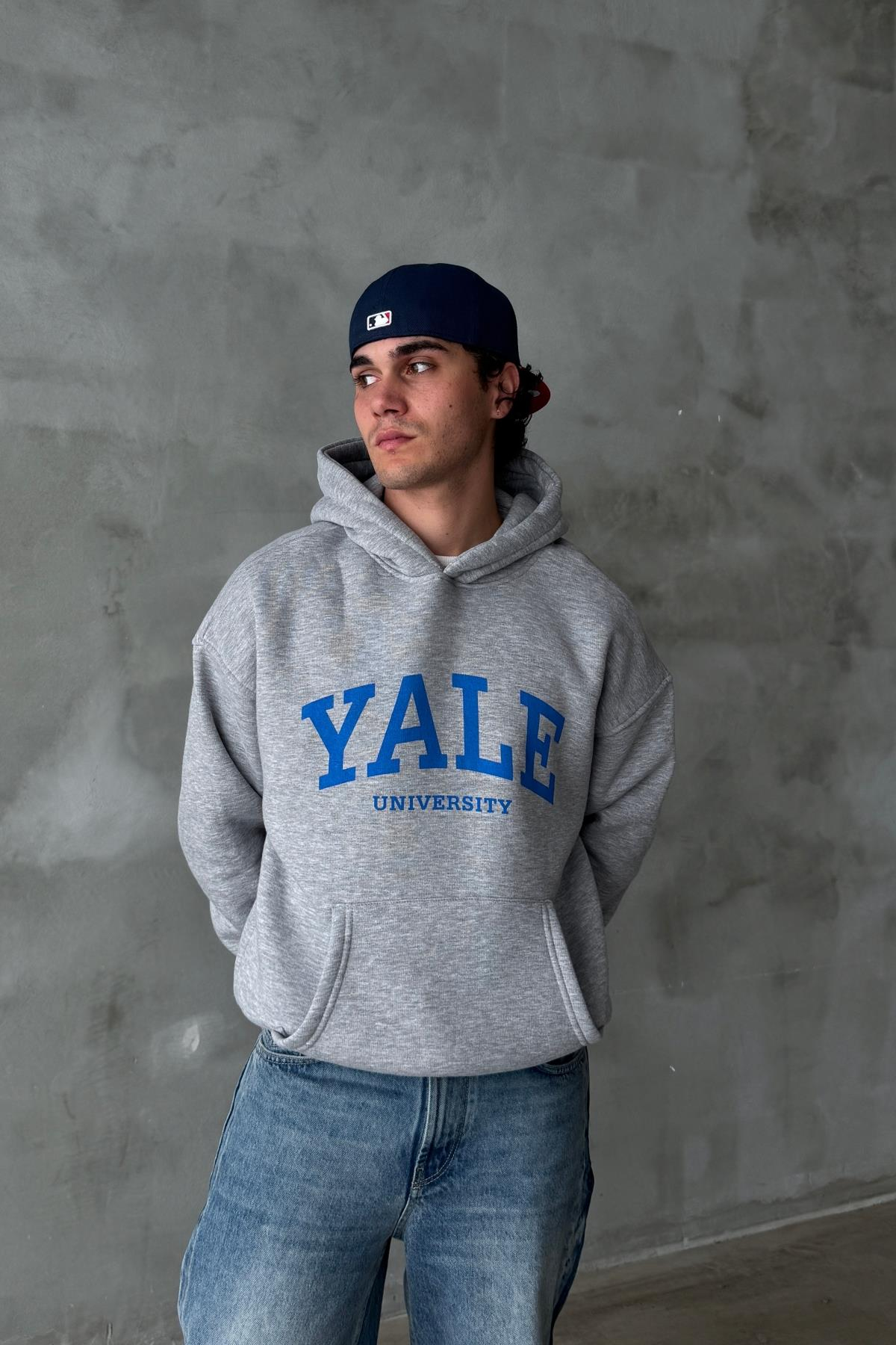 Gri Melanj Yale Baskılı Oversize Hoodie PM01
