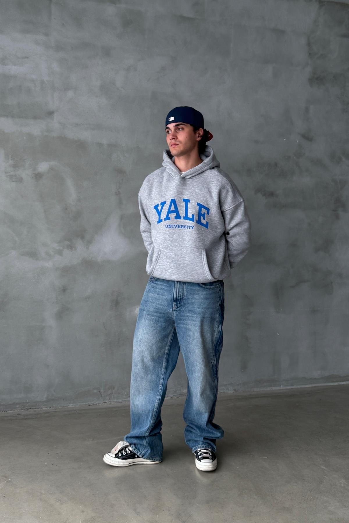 Gri Melanj Yale Baskılı Oversize Hoodie PM01