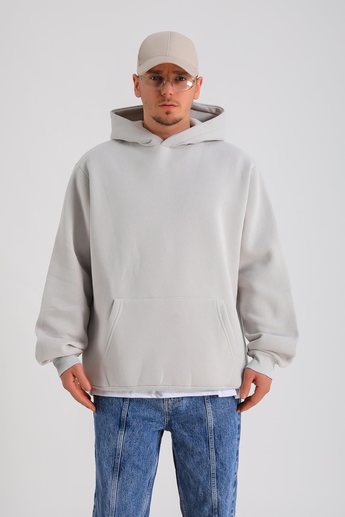 Gri Oversize Basic Hoodie SW1276
