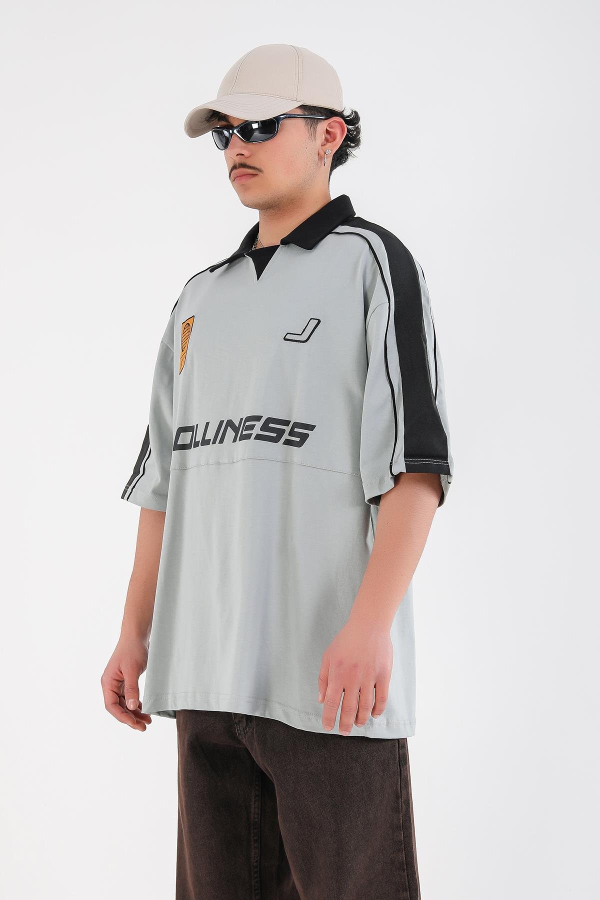 Gri Polo Yaka Baskılı Oversize Jolliness Tshirt