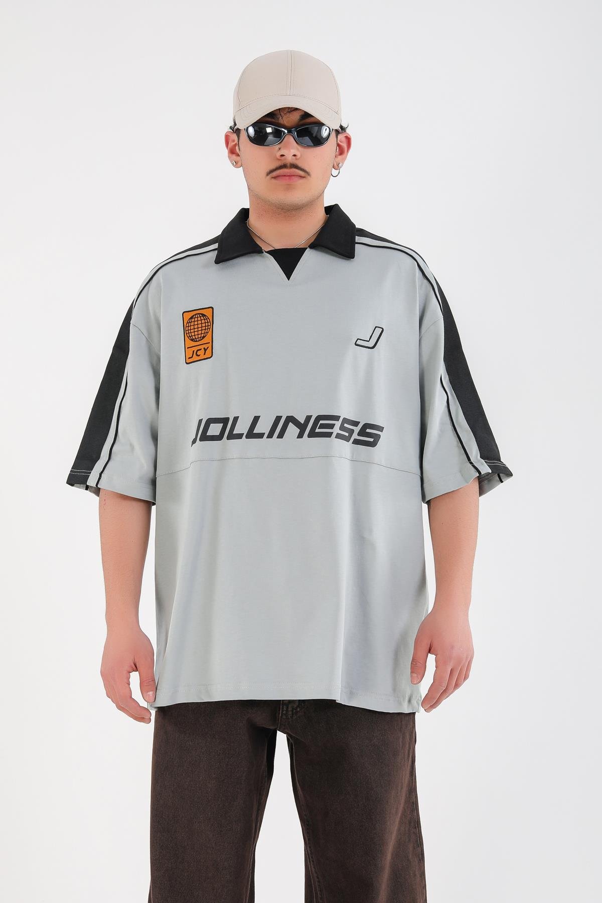 Gri Polo Yaka Baskılı Oversize Jolliness Tshirt
